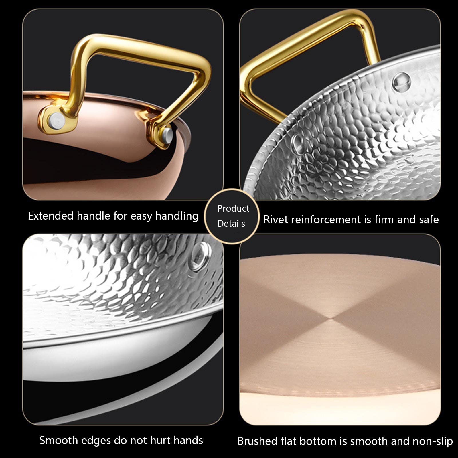 Spanische Paella-Pfanne aus Edelstahl 304, handgehämmerte Meeresfrüchte-Kochpfanne, Kochgeschirr mit Zwei Griffen für Zuhause, Restaurant, Camping, Outdoor (Rose Gold,22cm)