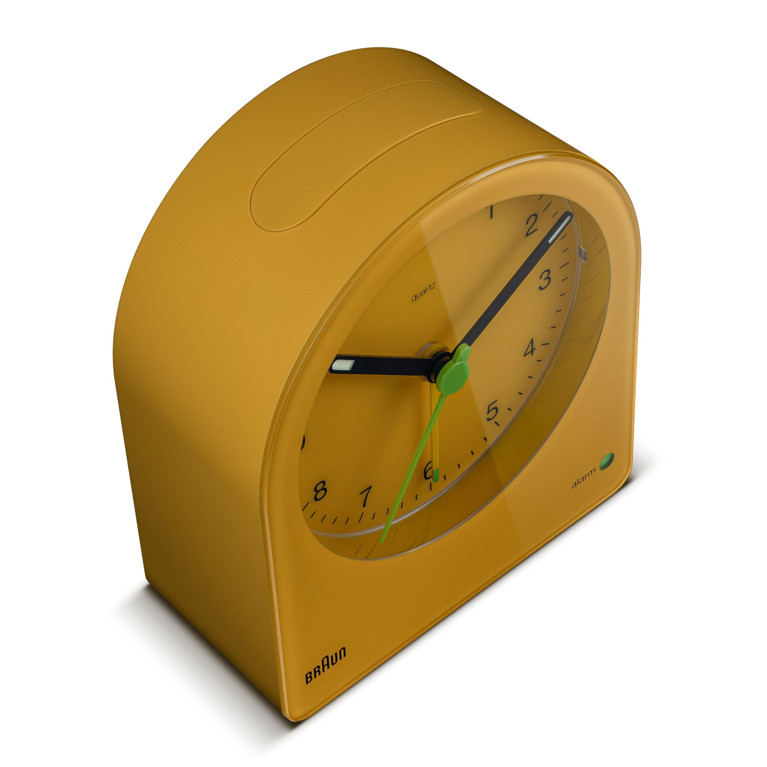 Braun Klassischer analoger Wecker mit Schlummerfunktion und kontinuierlicher Hintergrundbeleuchtung,leisem Quarzwerk, anschwellendem Alarm-Piepton in Gelb, Modell BC22Y