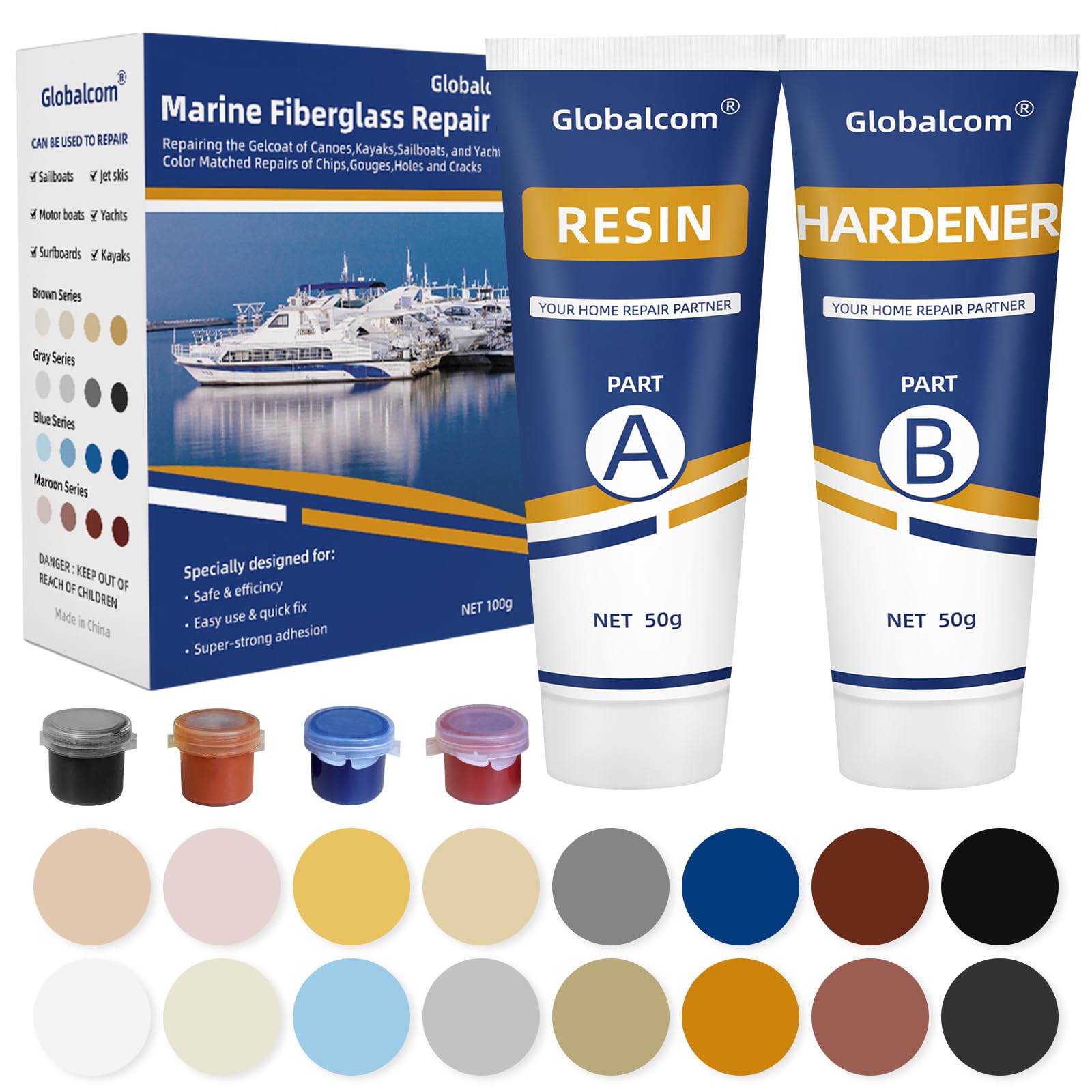 Globalcom Fiberglass Boat Repair Kit Color Match Gel Coat Repair Kit for Boats Marine Fiberglass Repair Kit for