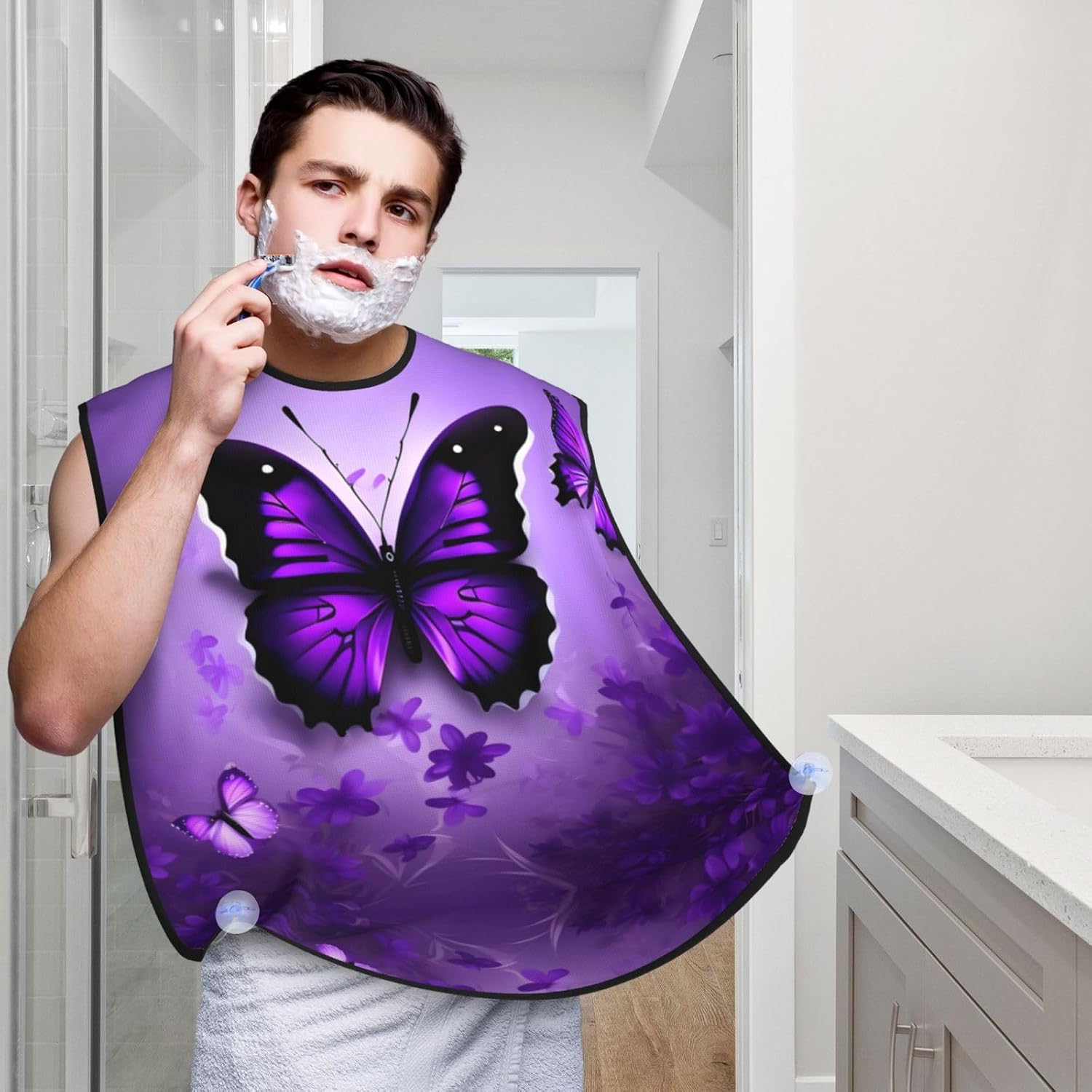 Lovely Purple Butterflys Print Beard Bib Apron For Men, Beard Hair Catcher For Men Shaving Trimming,Beard Cape Cloth