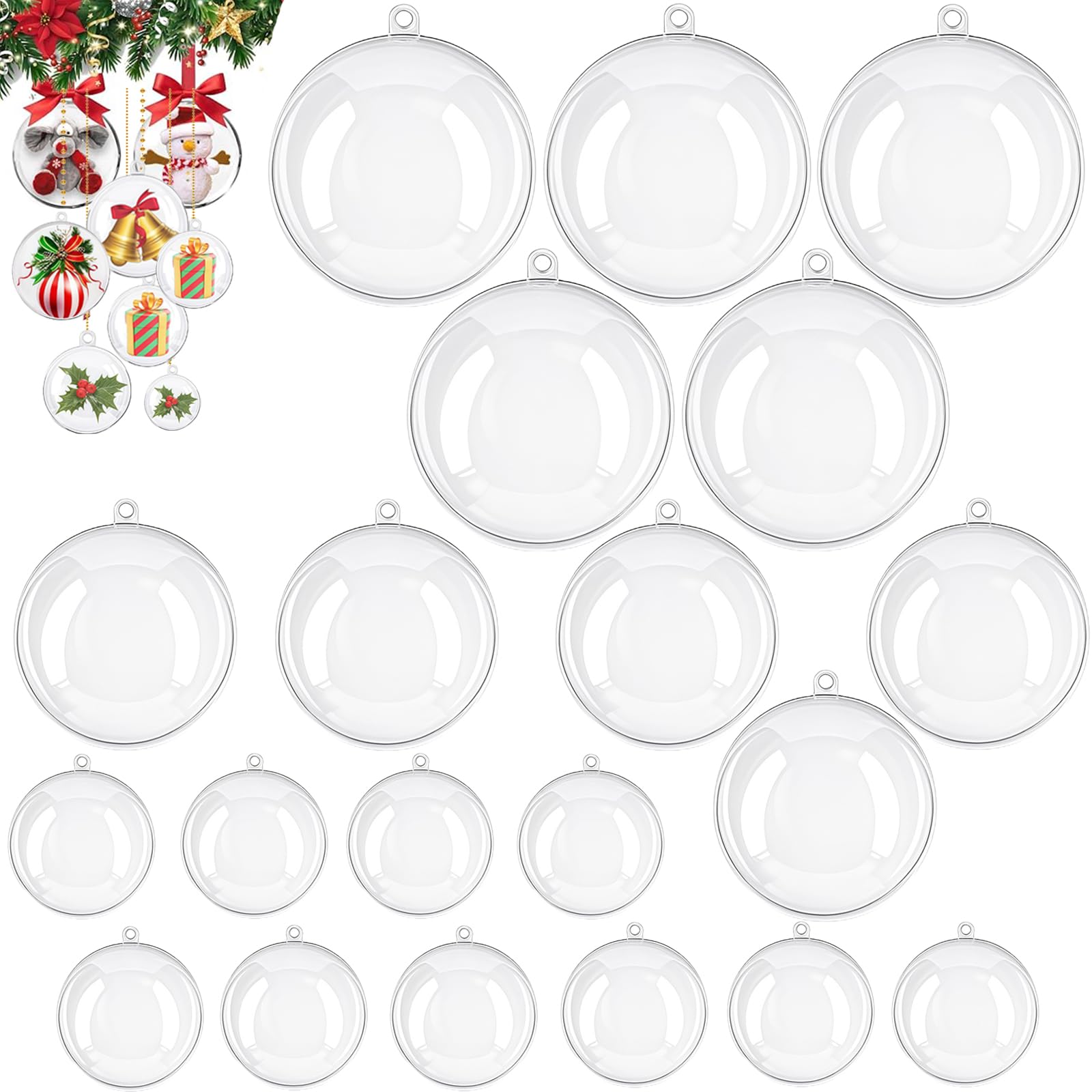 20Pcs 4,6,8cm Clear Christmas Baubles, Plastic Fillable Bauble for4,6,8cm, Christmas Tree Decorations New Years Wedding Party Empty Plastic to Fill DIY Clear Baubles Xmas Decor