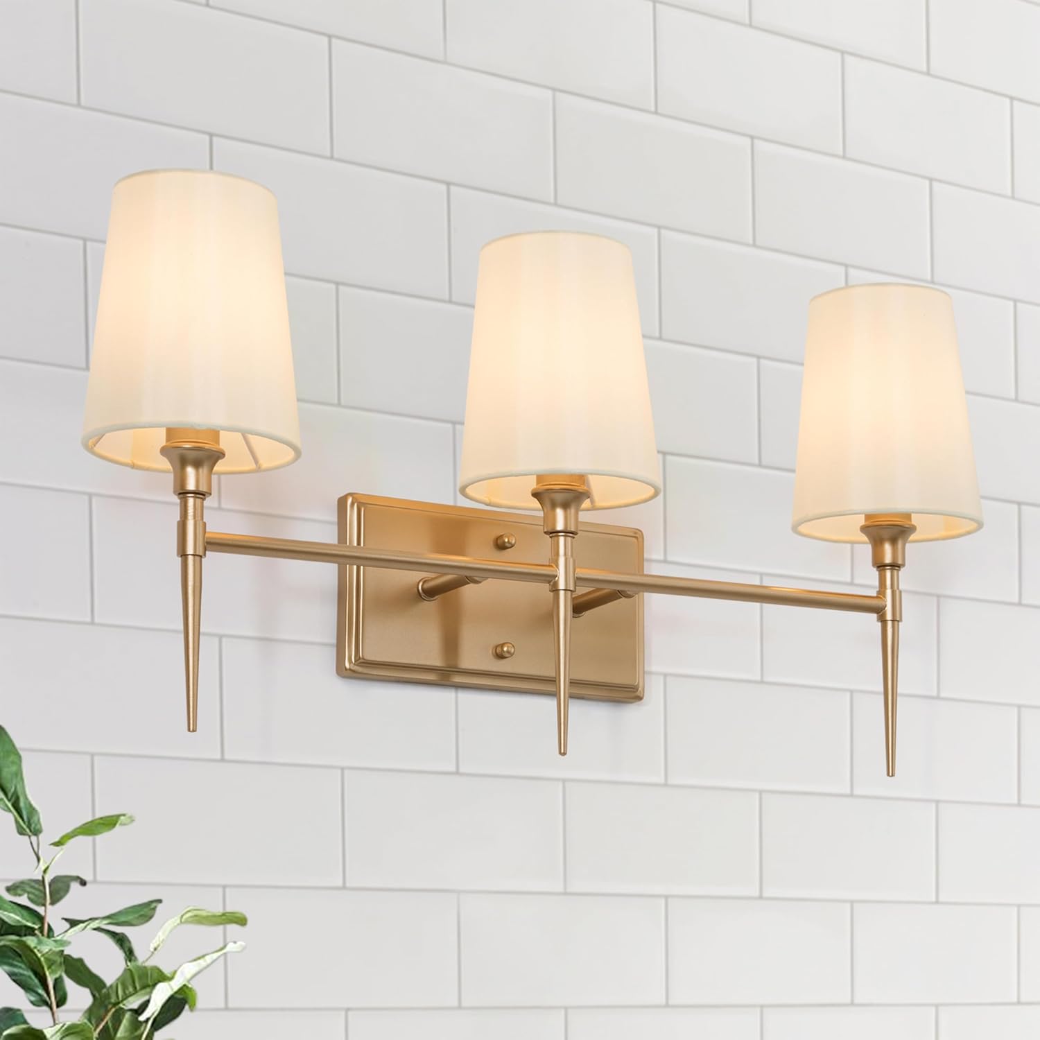 Bathroom Wall Light Fixtures, 3-Light Gold Vanity Light with White Fabric Shade, Modern Wall Lamp Over Mirror for Hallway, Bedroom, Kitchen, and Living Room
