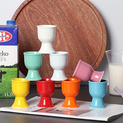 Vista 5 de ONTUBE Vasos de huevo de porcelana, soporte de huevo de cerámica para huevos duros, juego de 8, MixColor