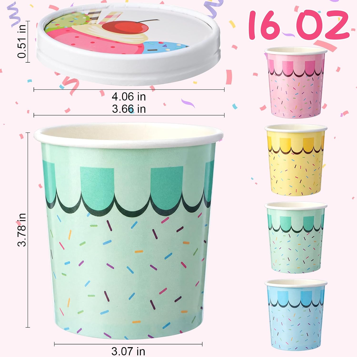 Jingmore 48 Pcs 16 oz Ice Cream Paper Bowls with Lids Bulk Sprinkles Disposable Ice Cream Cups 4 Color Sundae Bowls Dessert Cups for Hot and Cold Food Snack Frozen Yogurt Fruit Summer Party Supplies