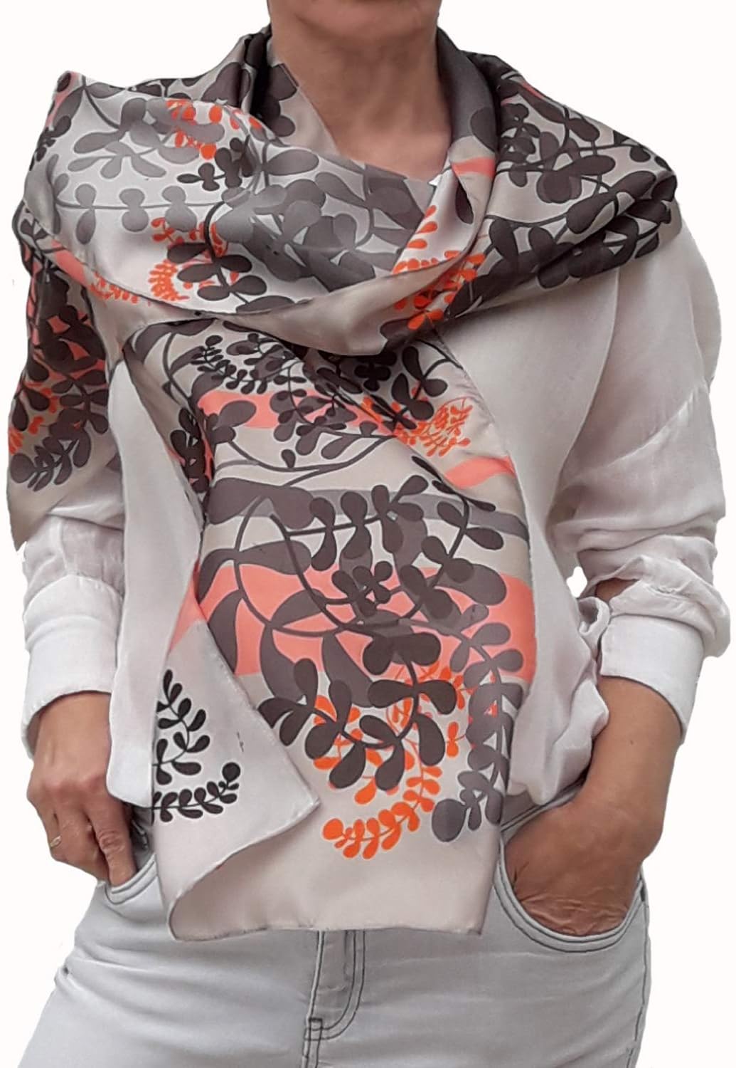 Silk Scarf, Artistic Hand Painted and Printed, Pink, Beige, Grey Floral Scarf, Colorful Birthday Women Gift, Boho Designer Scarves - Image 7