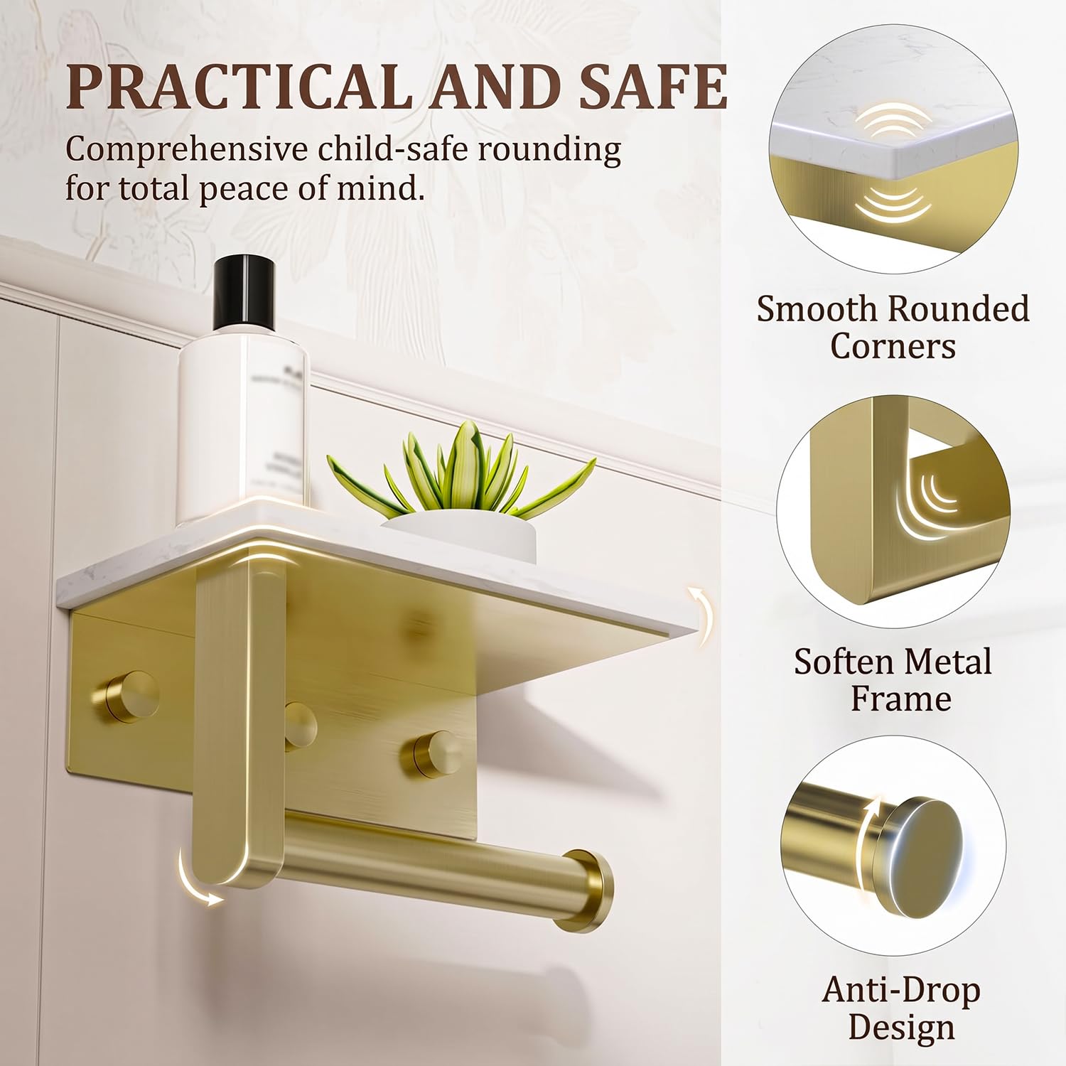 BWE Brushed Gold Toilet Paper Holder with Marble Shelf Wall Mounted — Amazon image 3