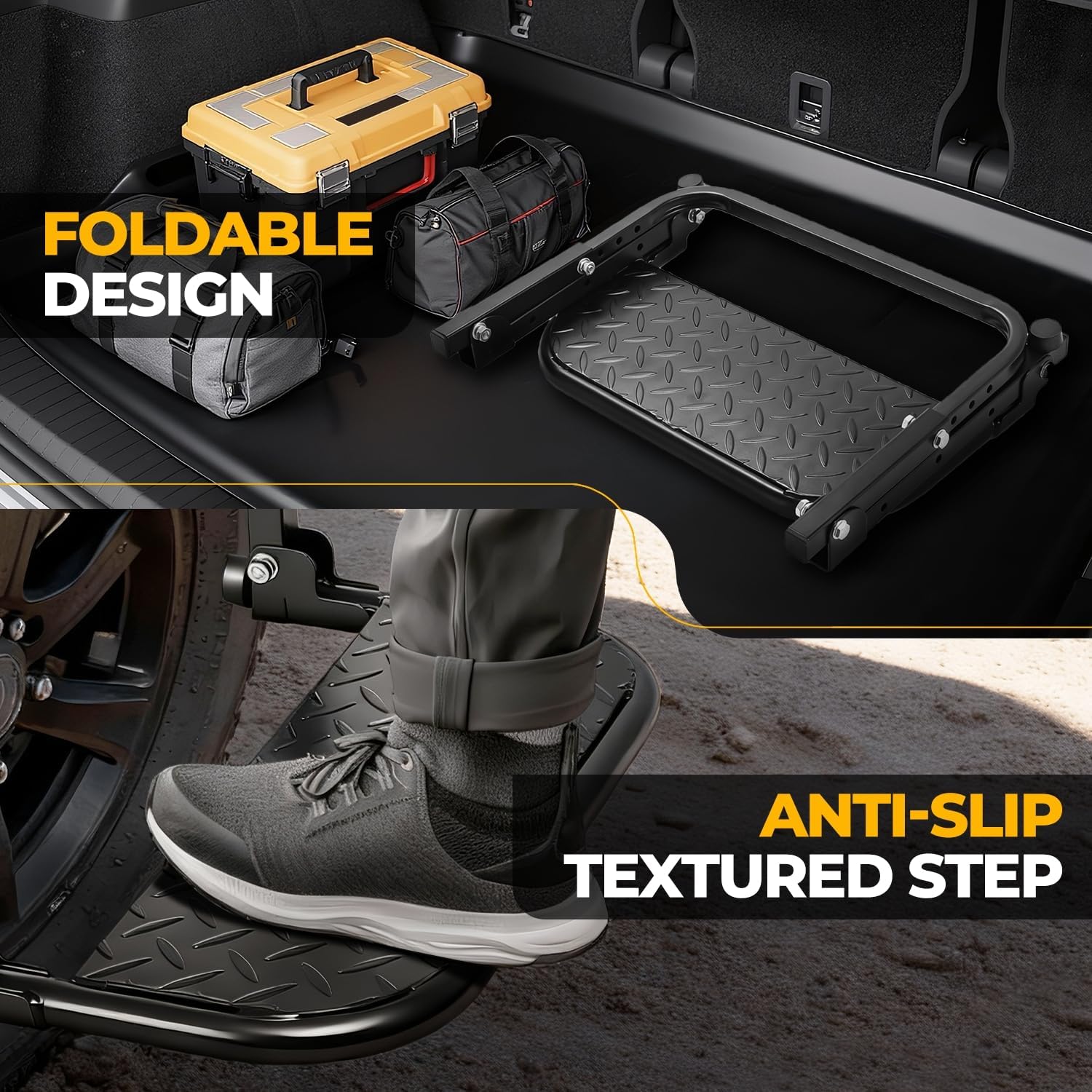 Auto Dynasty Folding Tire Step for Pickup Truck, SUV and RV, Adjustable Portable Mounted Wheel Step Fit Most Tire from 9" to 13", Rated up to 330 Lbs, Non-Slip Texture Surface