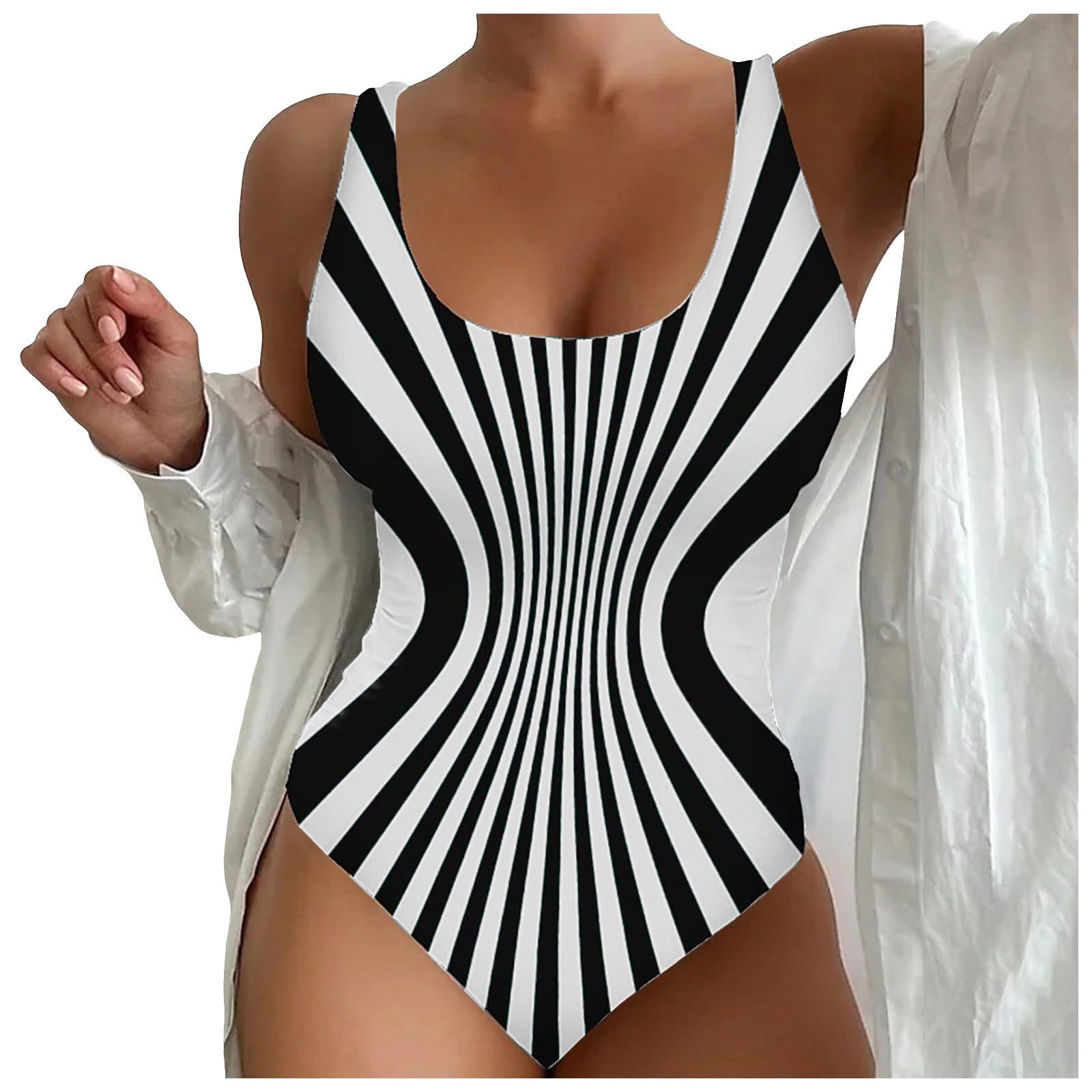 QWUVEDSBañador deportivo para mujer, talla grande, moldeador de figura, cuello redondo, diseño de rayas, estampado deportivo, traje de baño con tirantes anchos, traje de baño para mujer con aros efecto 3D