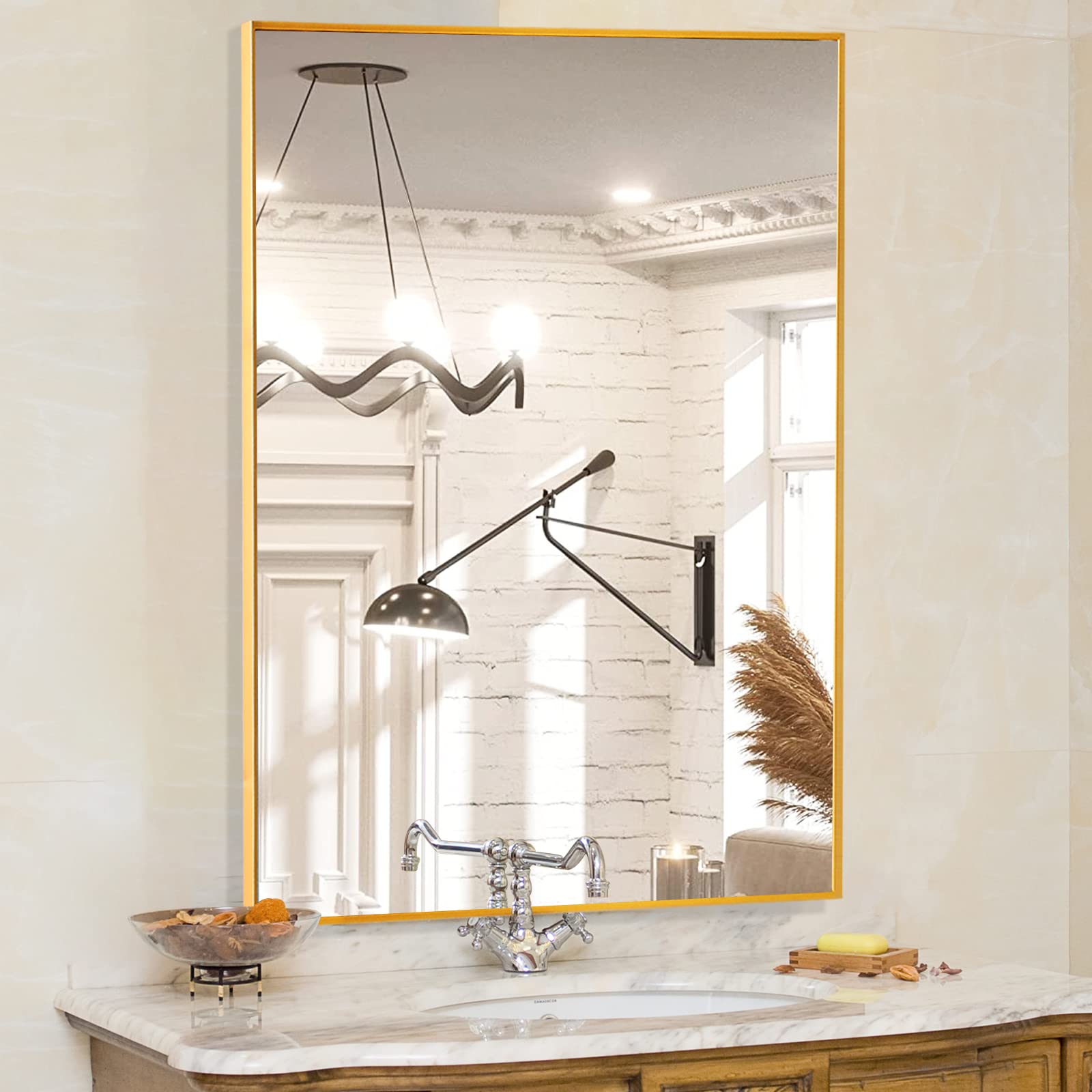 Koonmi 36"x24" Wall Mirror Rectangular Wall-Mounted Mirror for Bathroom with Aluminum Alloy Frame Bathroom Mirror Hangs Horizontal or Vertical Ideal for Bedroom Living Room, Gold