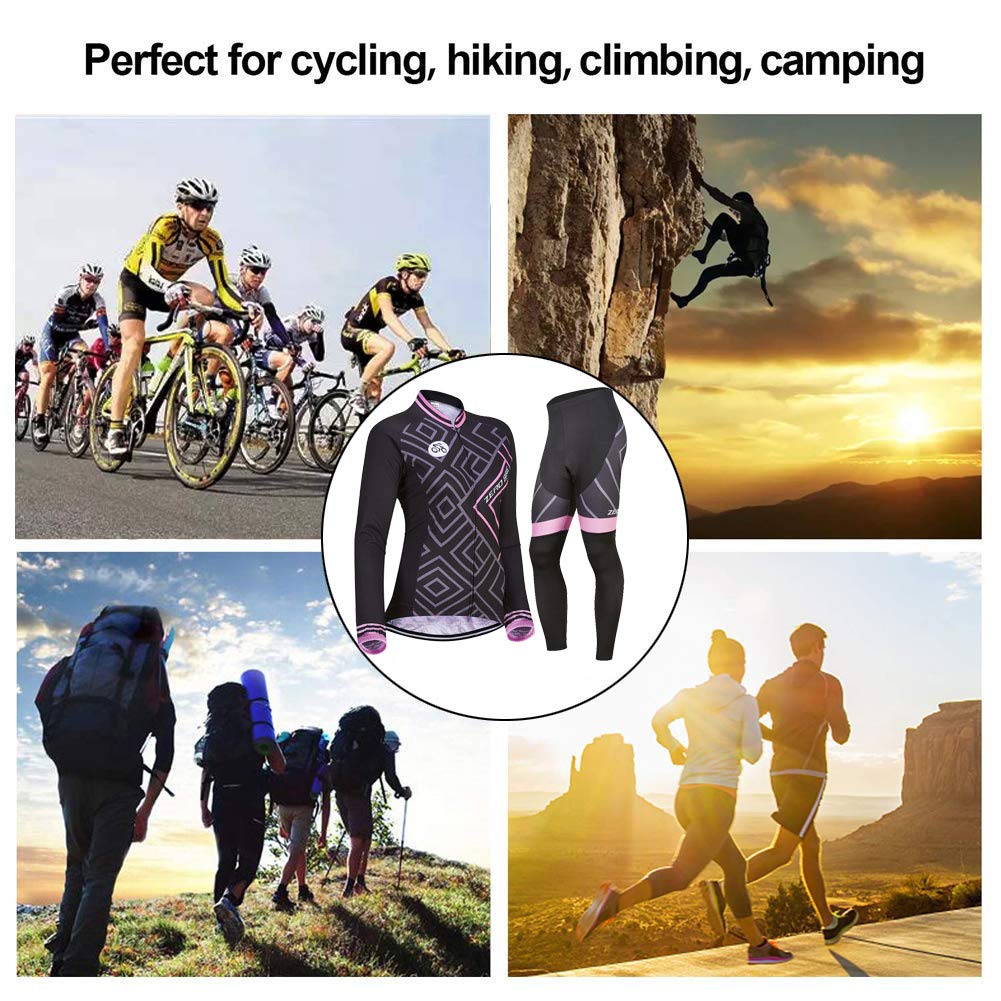 Femmes Vélo Cyclisme Respirant à séchage Rapide Maillots Set, Jersey Cycle Manches Longues Veste + 3D Coussin Rembourré Serré Pantalon de Cyclisme