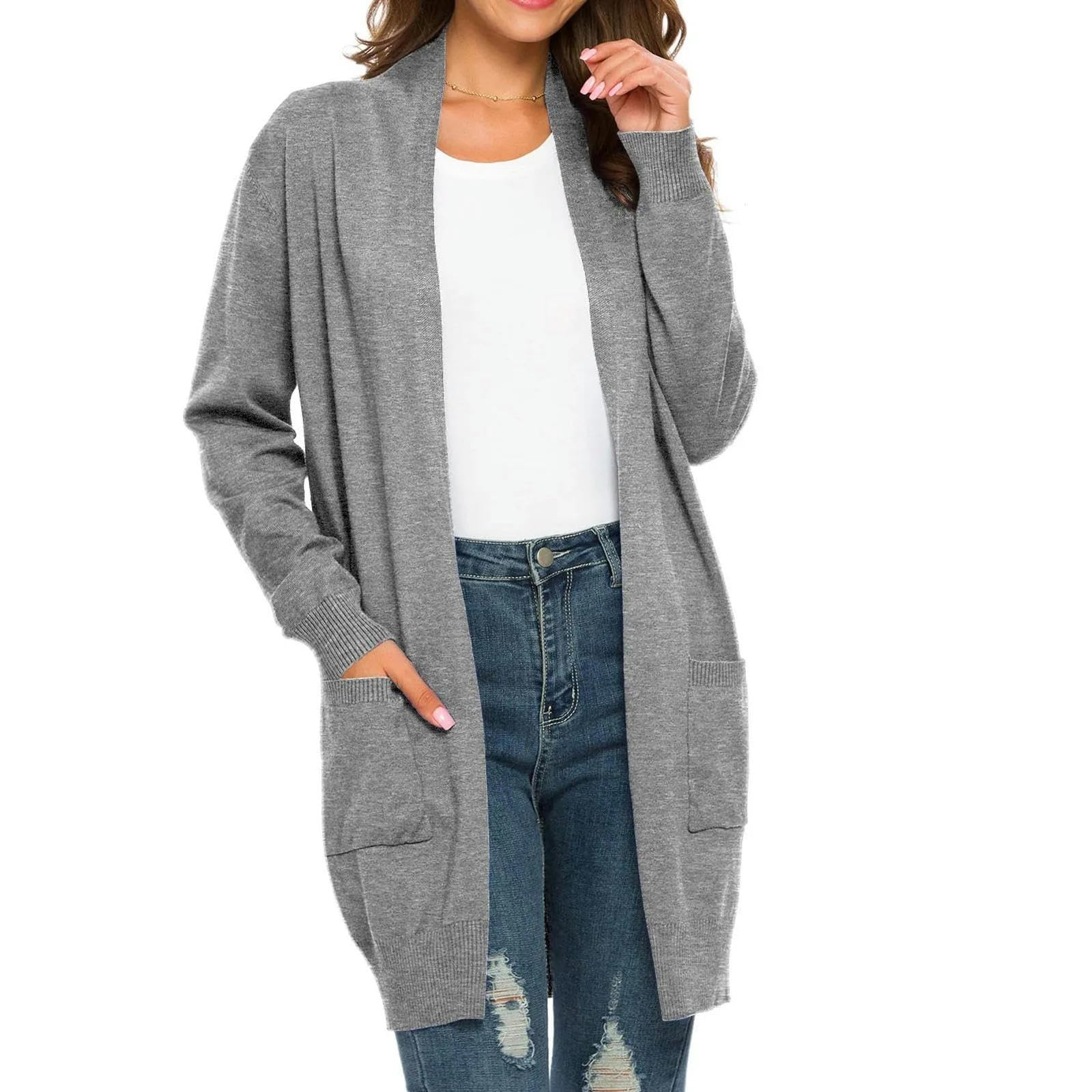 Sweter dla kobiet, kardigan damski, sweter jesienny, otwarty przód, dzianinowy, oversize, płaszcz z kieszeniami