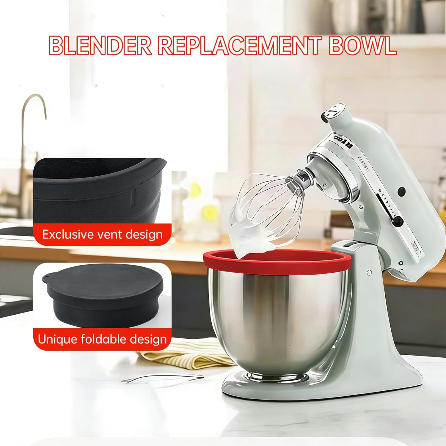 3Pcs Silicone Bowl Liners with Lids for KitchenAid 5QT Tilt‑Head Stand Mixer, Collapsible Thick Food‑Grade Mixing Bowl Insert, Heat Resistant, Non‑Stick, Dishwasher Safe Reusable Mixer Accessories