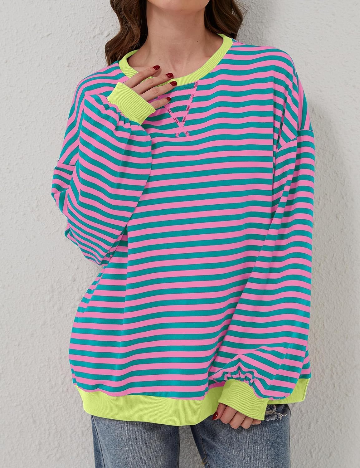 Womens Oversized Striped Sweatshirt Color Block Long Sleeve Shirt Crewneck Pullover Striped Sweater Y2k Clothes - Image 5