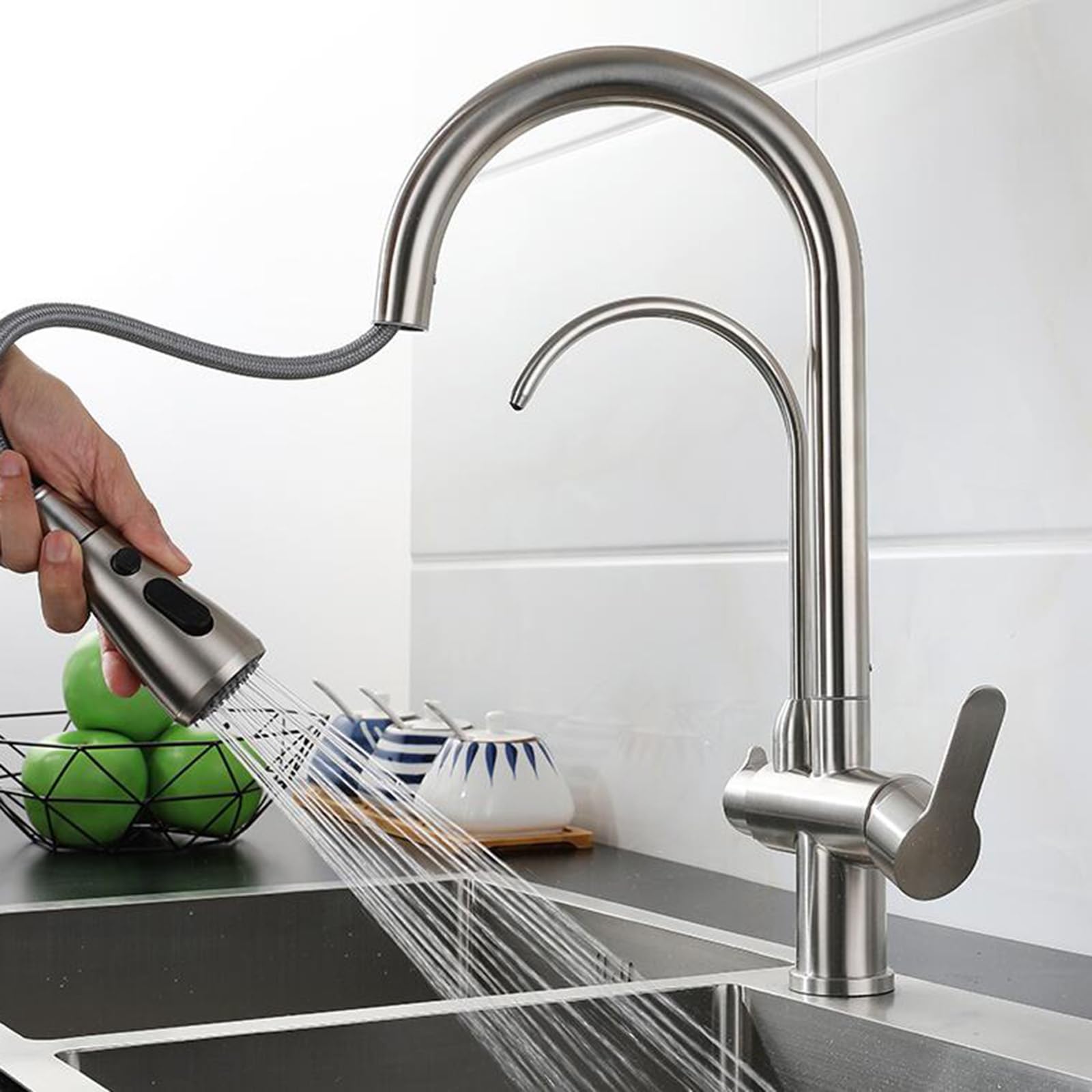 Mélangeur de cuisine 3 voies avec douchette extractible en acier inoxydable LWX