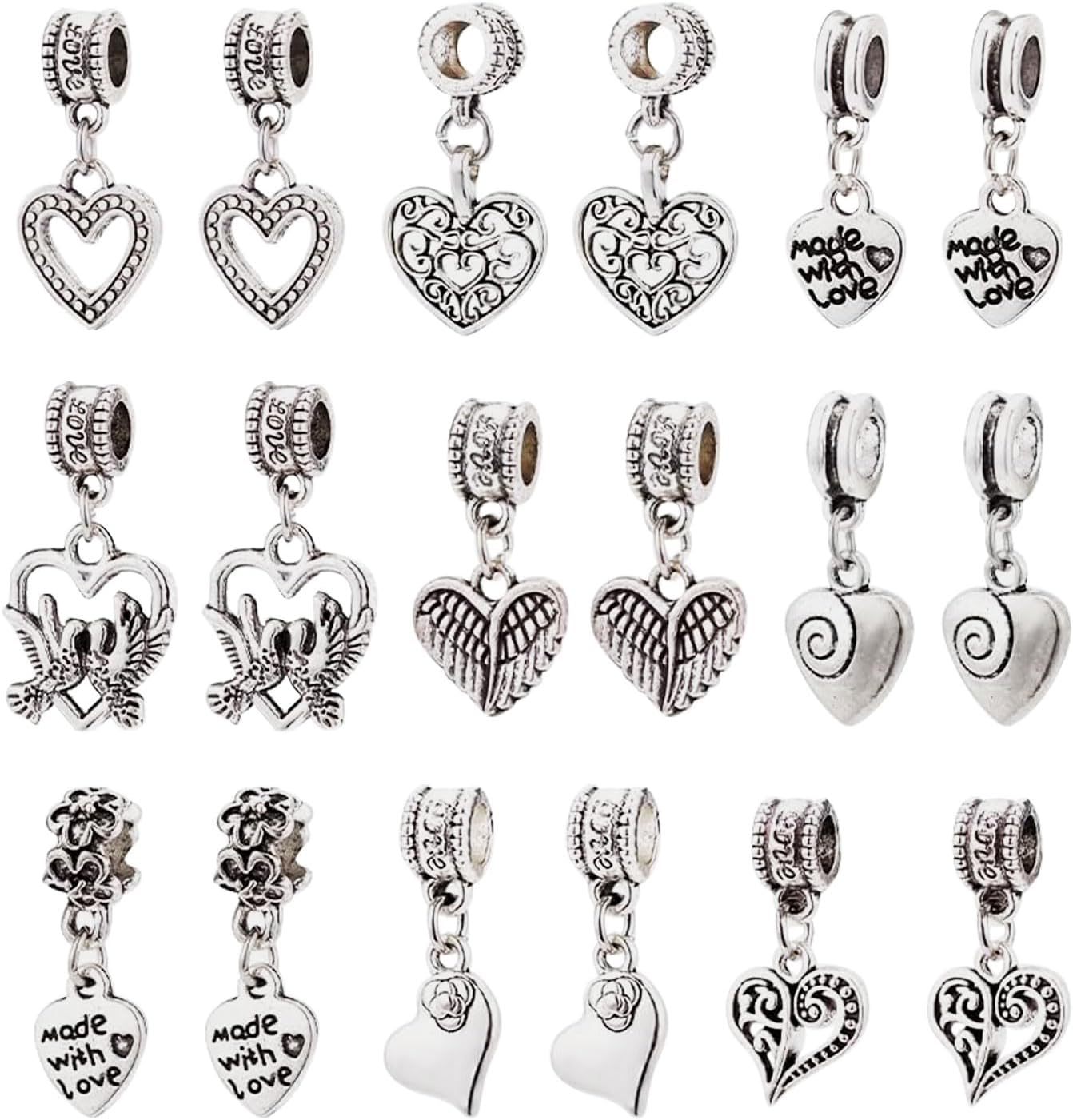 CHGCRAFT 54Pcs 9Styles Love Heart Pendants Tibetan Style Alloy European Dangle Charms Jewelry Making Charms for Necklace Bracelet Jewelry Making and Crafting, Antique Silver