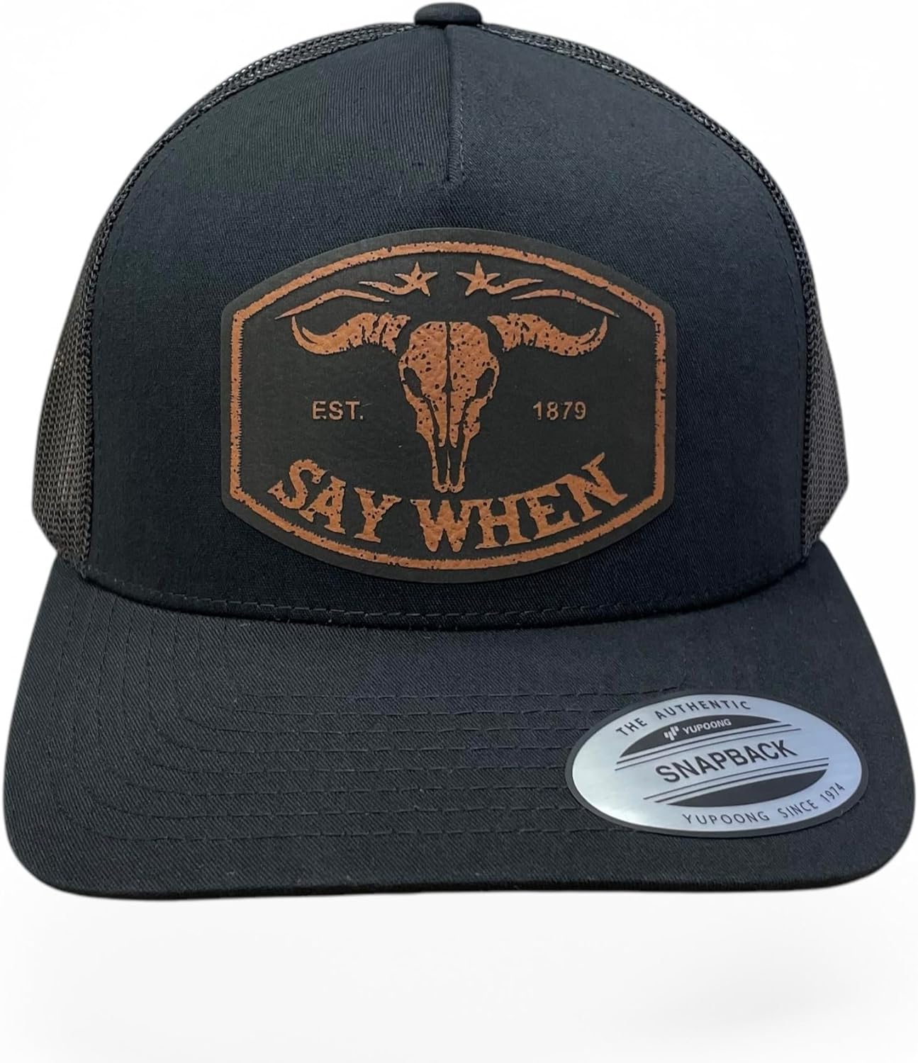 Say When Trucker Hat – Black YP Snapback with Rawhide Leatherette Patch – Western Trucker Cap - Black with Rawhide Patch