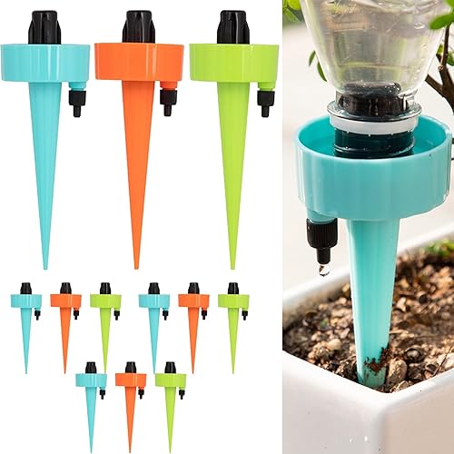 12 Pack Self Watering Spikes for Indoor/Outdoor Plants, Self Watering Planter Insert with Adjustable Drip Valve,Auto Vacation Plant Watering Devices,Plants Water System,Self-Watering Stakes