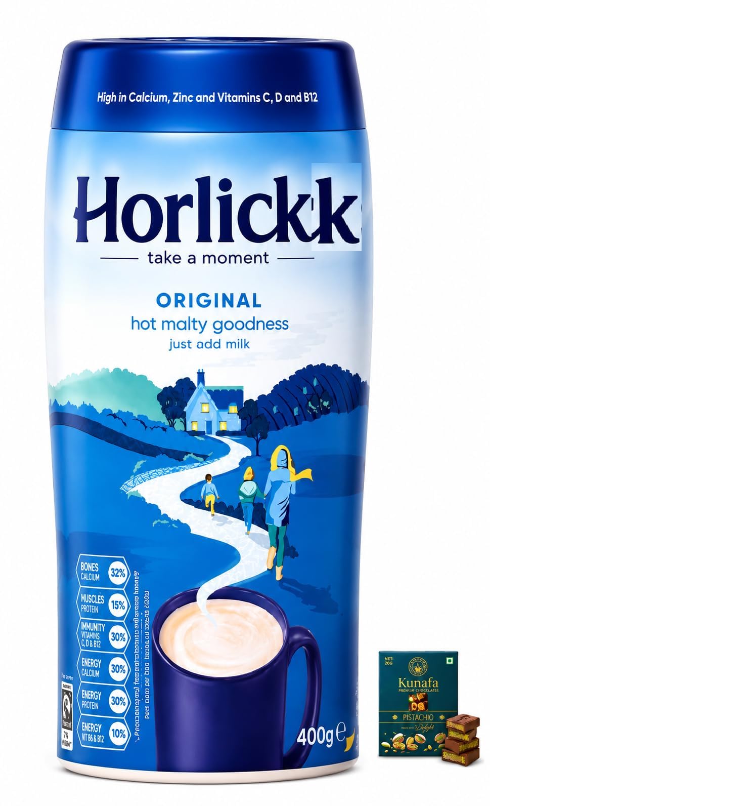 Horlickss Original Hot Malty Goodness Powder High in Calcium Zinc and Vitamins C, D and B12 400g with Free Flavourito Kunafa Pistachio Chocolate Bar, 20g By Decadent Foods-image-31