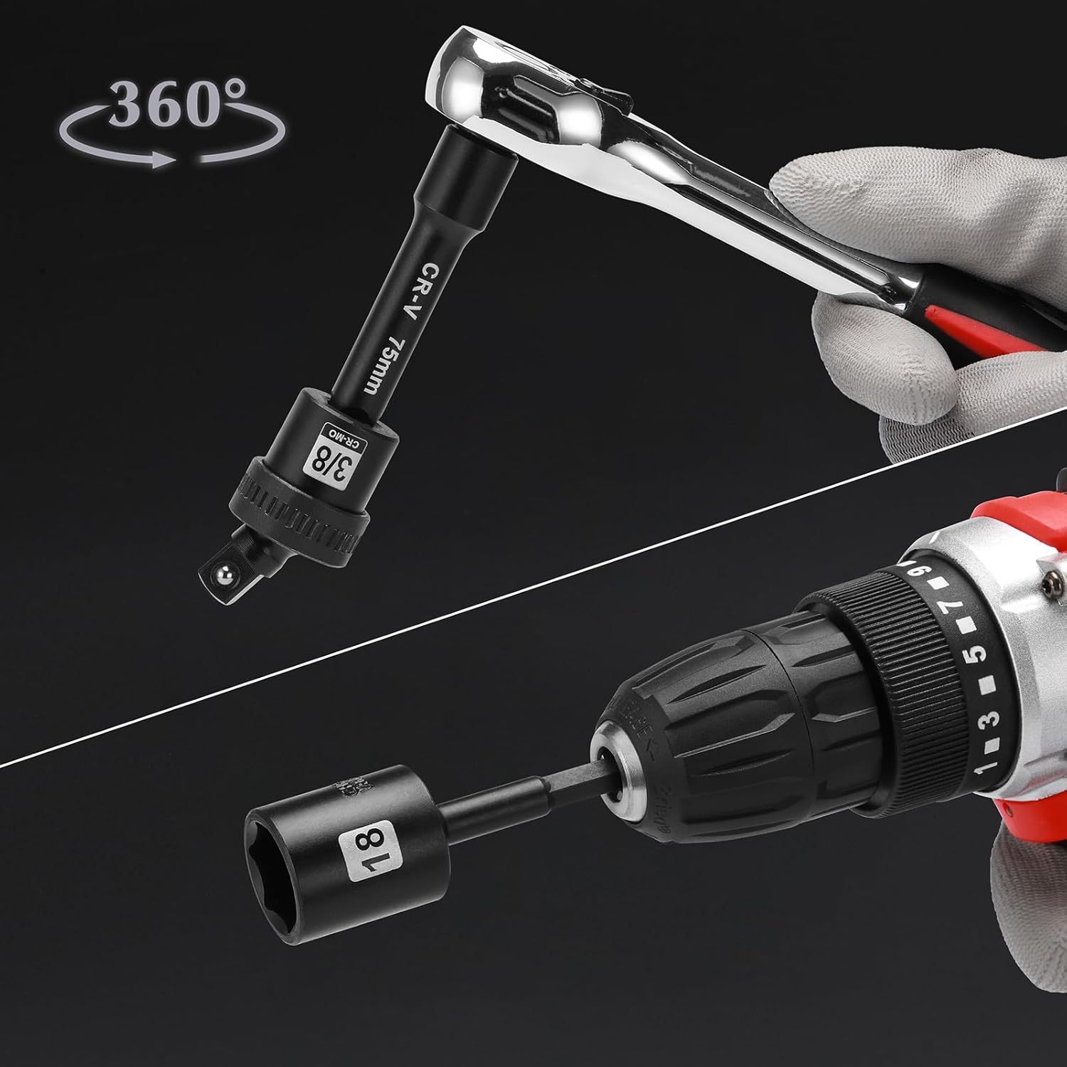 EMENTOL 49PCS 3/8" Drive Impact Socket Set, (5/16"-3/4", 8mm-22mm), SAE/Metric, Deep & Shallow CR-V, 6-Point Impact Socket Set, Impact Extension Bars, Reducer, Universal Joint