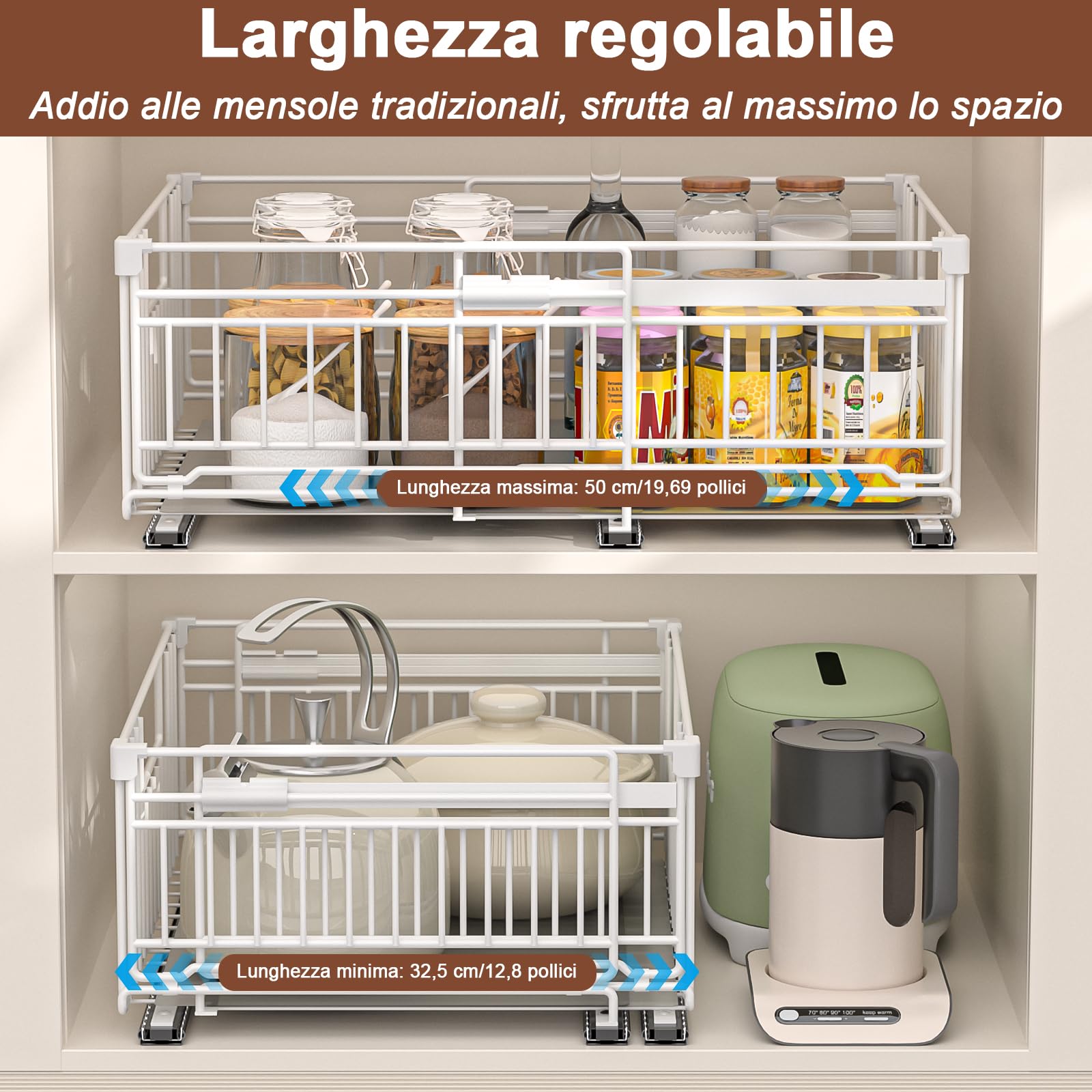 2 Pezzi Cassetto Telescopico Cucina, Armadio da Cucina Cassetto Scorrevole Estensibile Estraibile,Larghezza Regolabile 32.5-50 cm Per Cucina Bagno Soggiorno Bianco