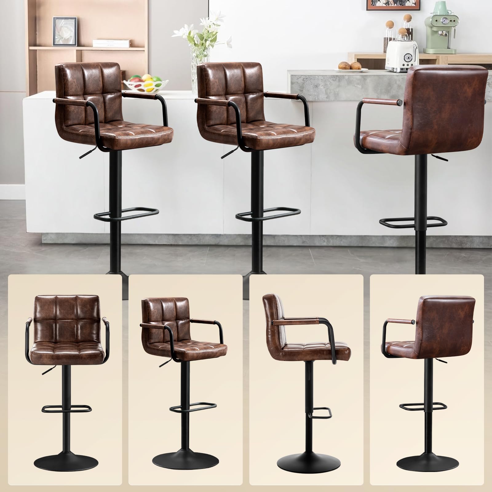 Set di 2 Sgabelli da Bar, Sgabelli Cucina Girevole 360°Altezza Regolabile da Penisola, Sgabelli Alto in Similpelle con Schienale, Bracciolo, Poggiapiedi per Bar Cucina Ristorante, Marrone scuro
