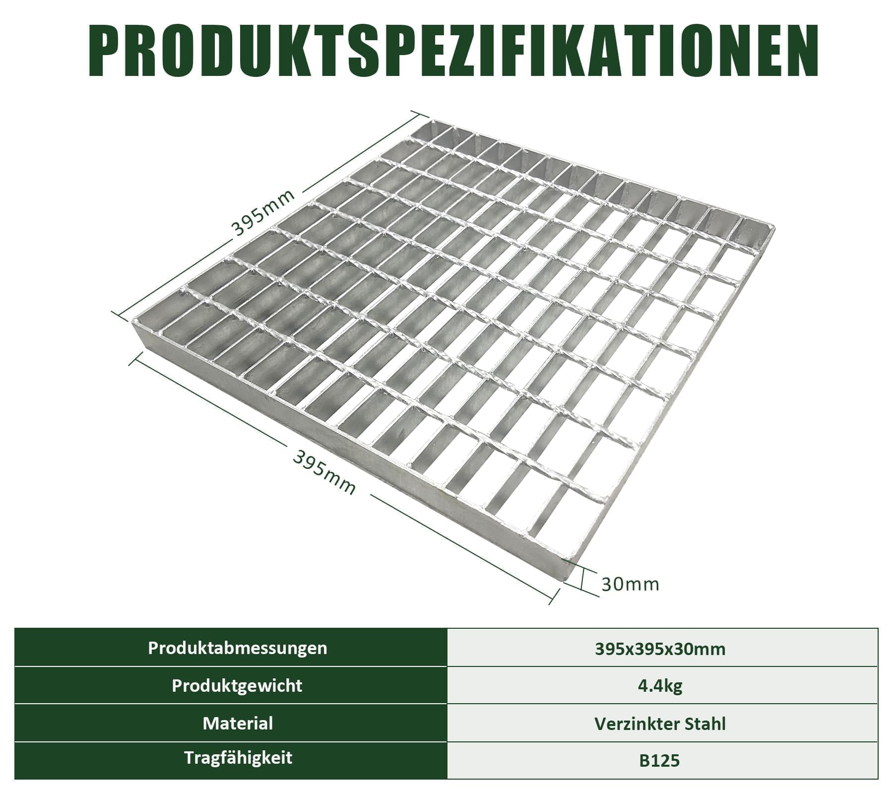 Gitterrost Verzinkt 400x400x30 mm MW: 30/50 mm Tragstab 30/3 mm Metallgitter Gitter Abflussgitter Einlaufgitter Gully‑Gitter für Bodenablauf Hofablauf Feuerverzinkt Rostfrei Quadratisch