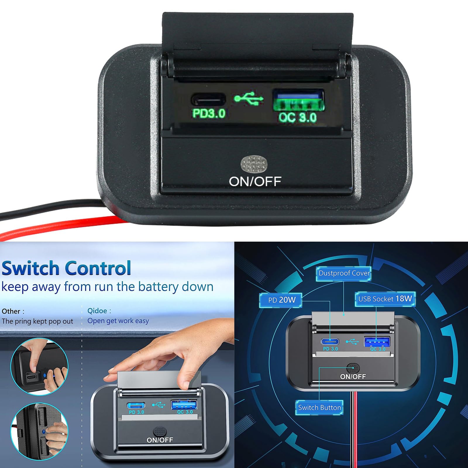 Amazon | オートバイ車の充電器急速充電ダブル USB ポート QC3.0 + PD3