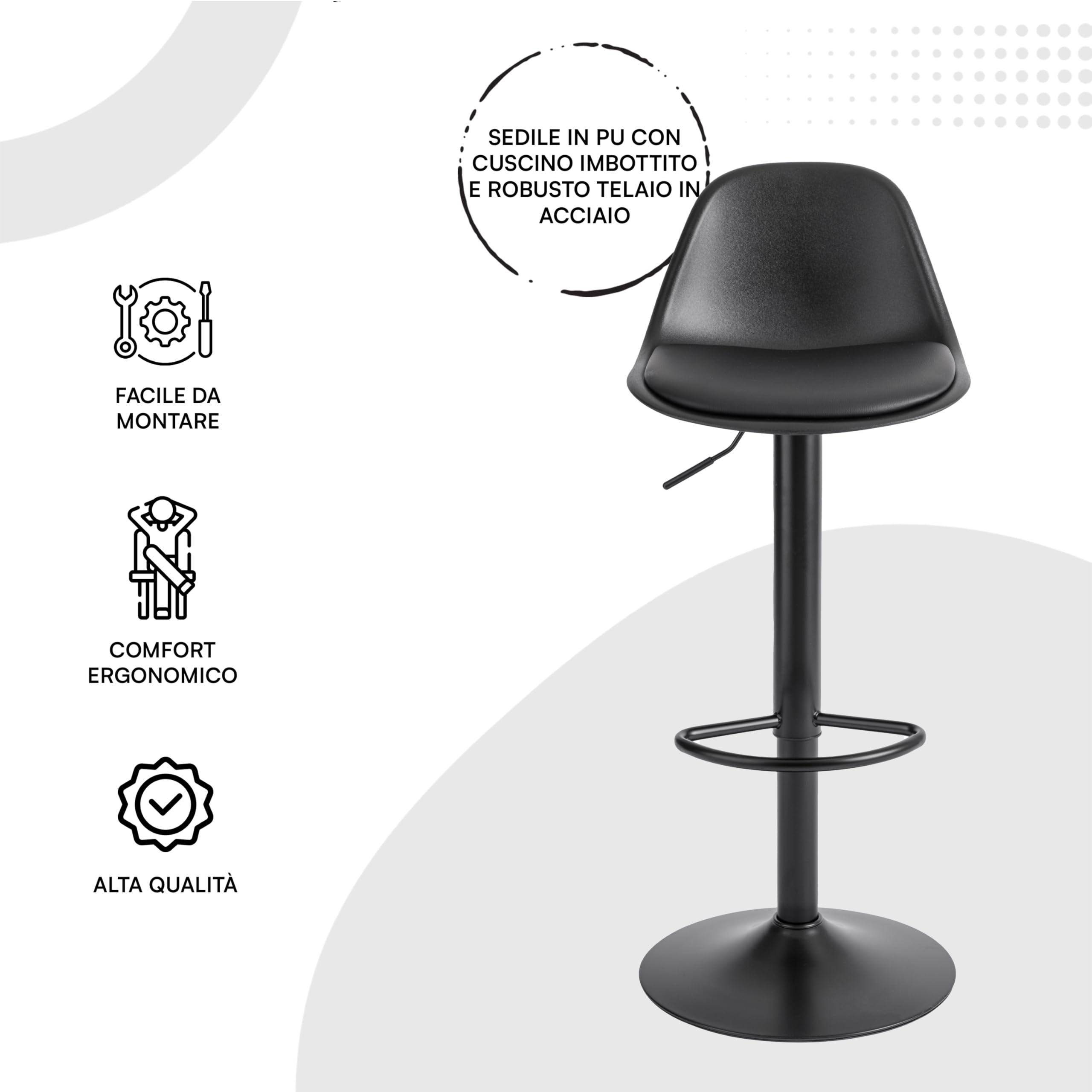 Baroni Home Sgabello Girevole con Schienale e Cuscino, Altezza Regolabile e Poggiapiedi, Fondo Antigraffio, Ideale per Sala da Pranzo, Ristorante, Nero, 1 Pezzo, 40x40x80-104 cm