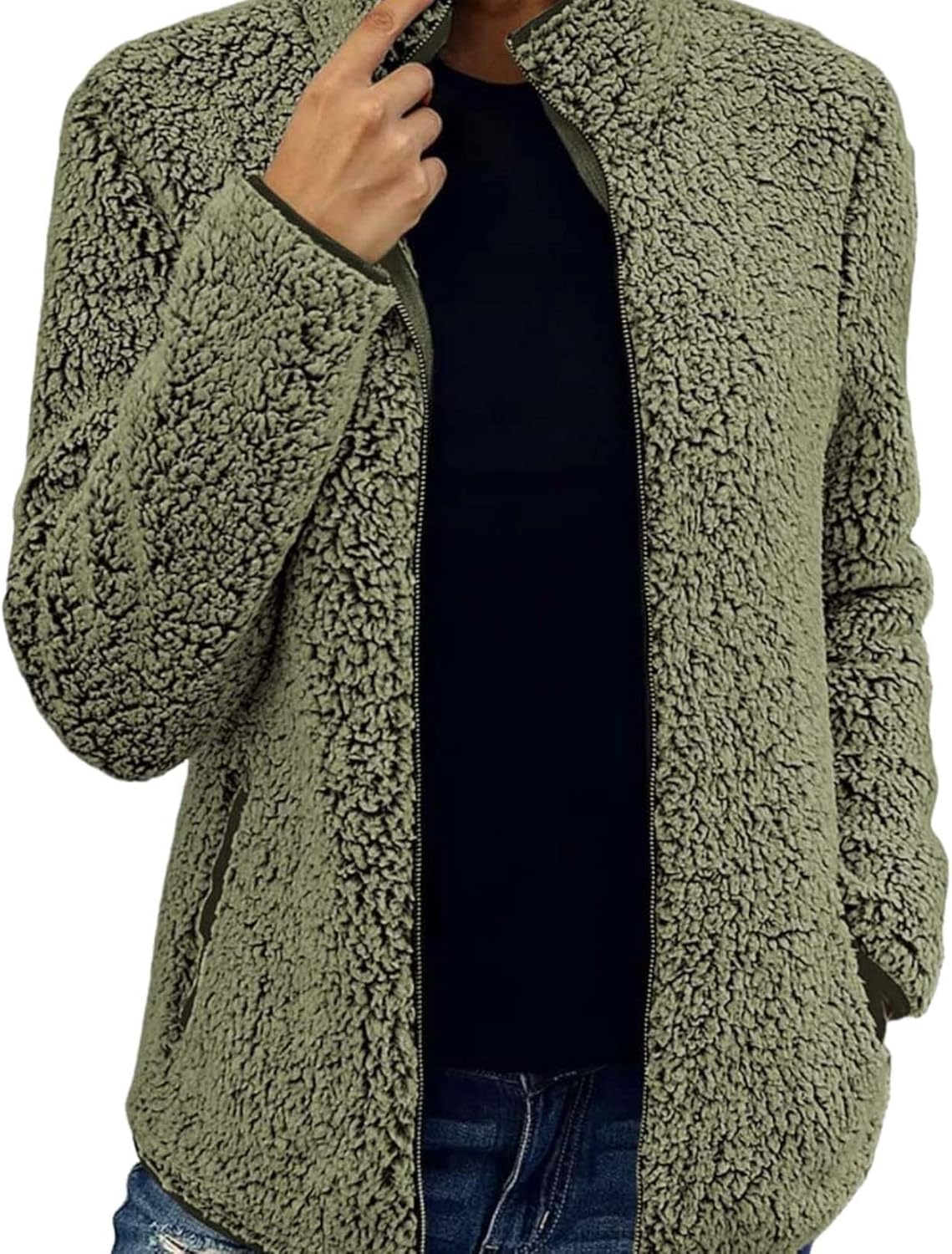 Womens Winter Jacket Casual Warm Plush Zipper Long Sleeve Standing Collar Coat with Pockets For Cold Weather