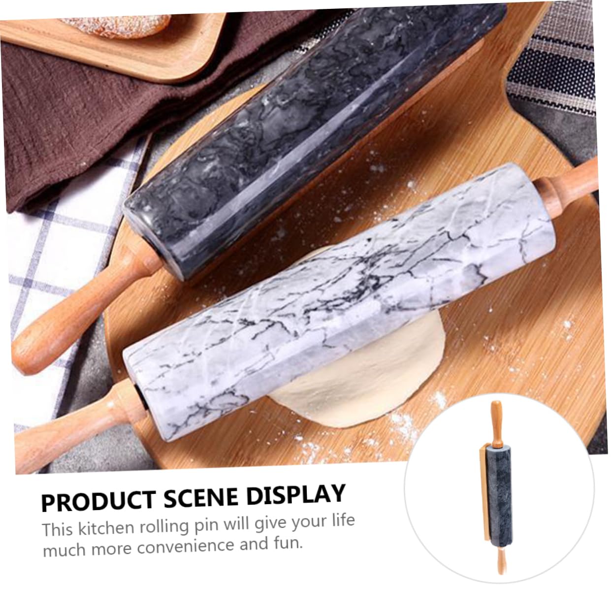 Rouleau à Pâtisserie en Marbre Noir Manche en Bois