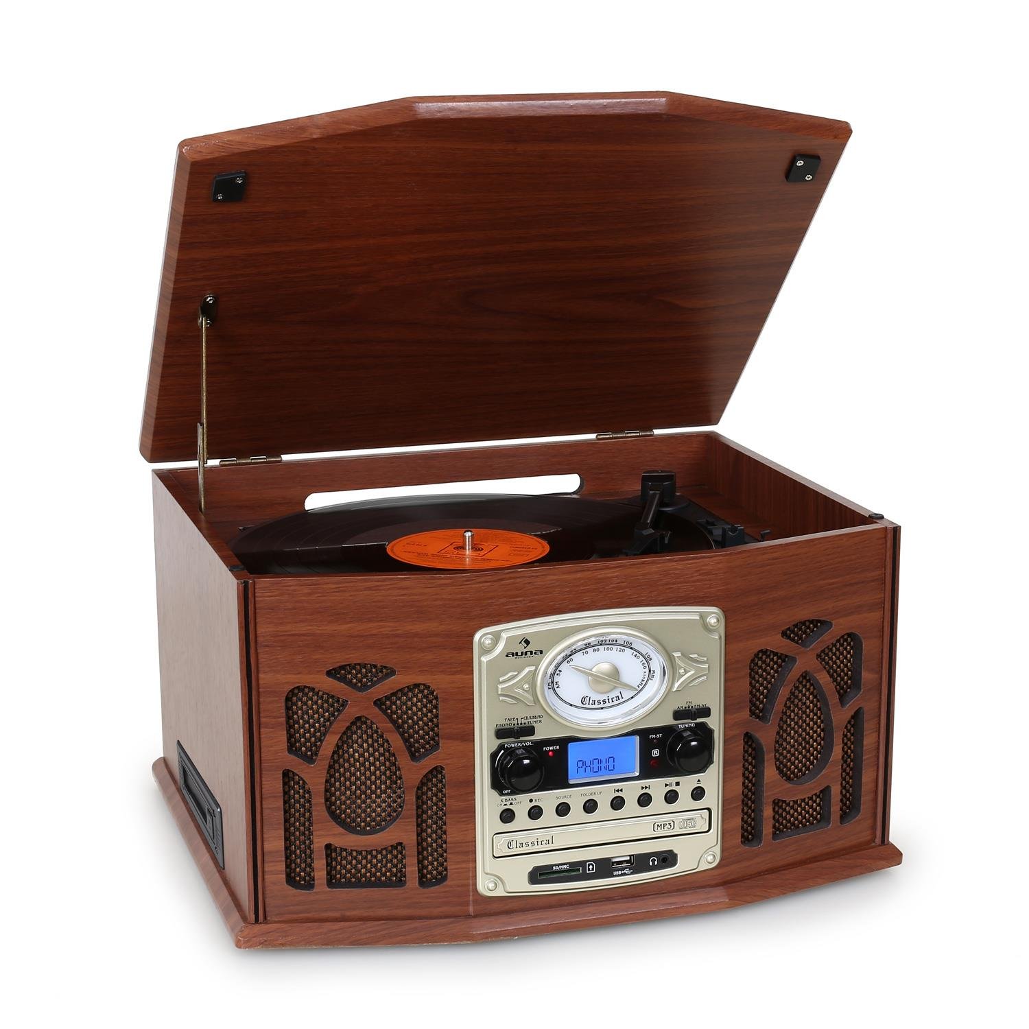 Auna Nr-620 - Tocadiscos, Reproductor de Vinilo y CD, Altavoces Estéreo, Accionamiento Correa, 3 Velocidades, Máx. 45 RPM, Sintonizador Radio FM, USB SD, Control Remoto, Blanco