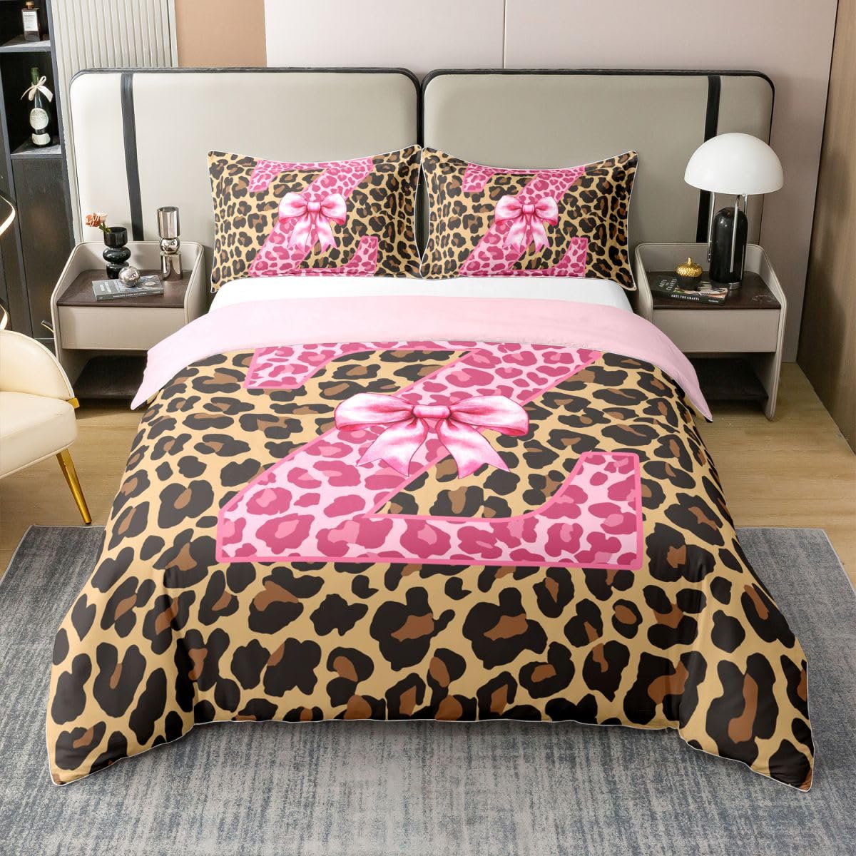 Housse de couette guépard rose 240x260 en coton avec nœud imprimé et lettre Z pour lit de fille