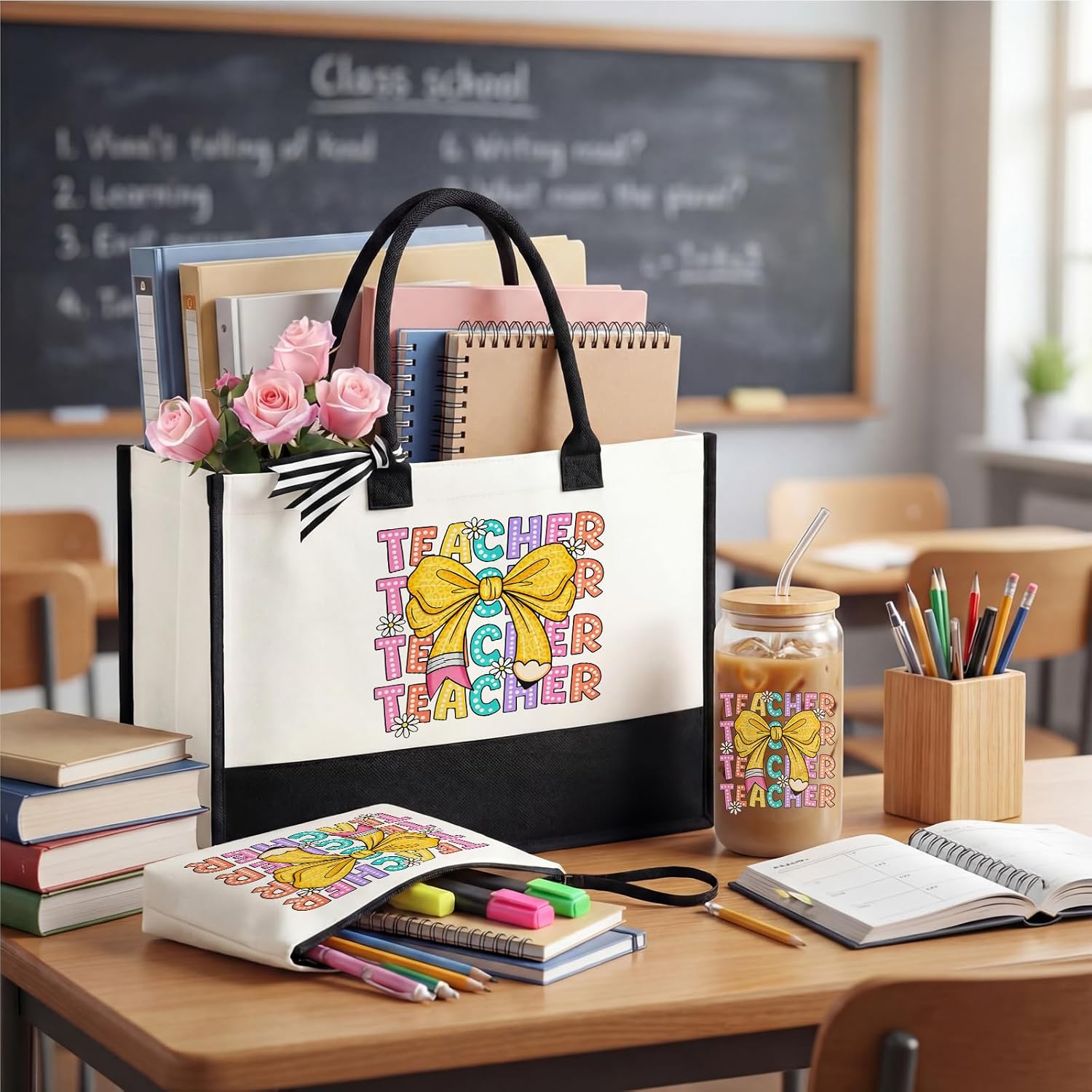 Sanwuta 6 Sets Teacher Tote Bag Gifts for Graduation Women Thank You End of Year Teacher Gifts Set Include Tote Bag, Makeup Pouch & 16oz Glass Cup for Employee Birthday Back to School Office Supplies
