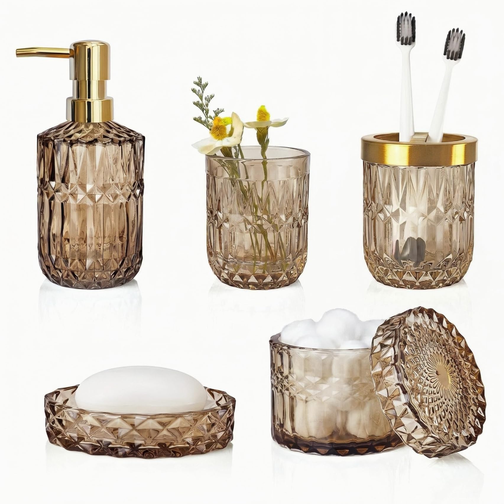 LaMarriti Brown Bathroom Accessories Set, 5Pcs Glass Bathroom Set, Lotion Soap Dispenser, Toothbrush Holder, Soap Dish, Qtips Holder, Tumbler for Crystal Vintage Bathroom Decor, Gift Set