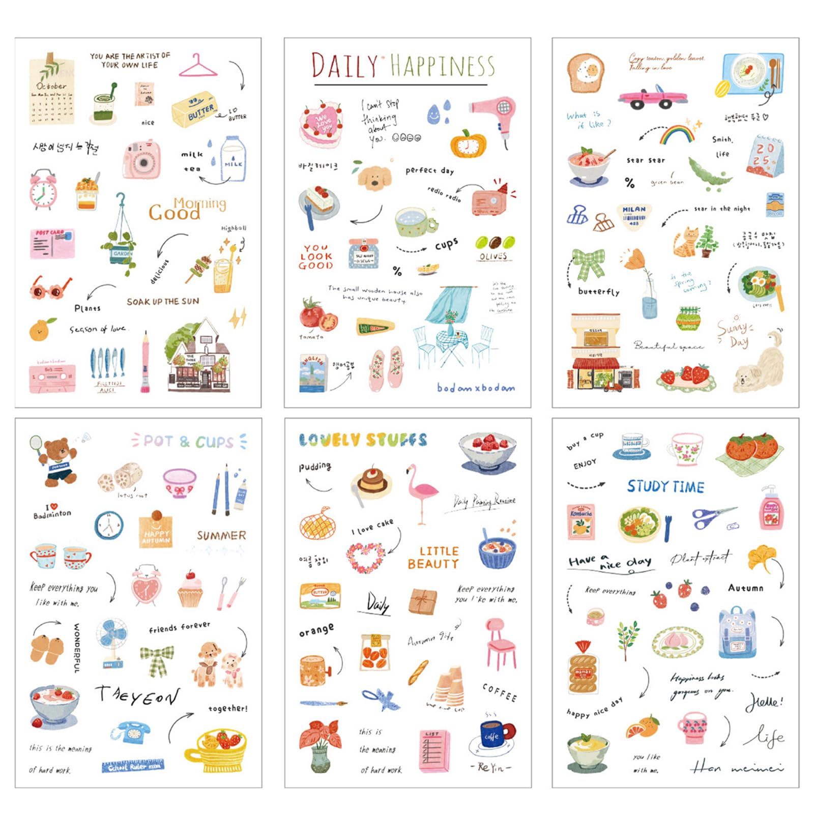 6Sheets Waterproof PET Sticker Decorative Journaling Sticker for Notebooks Photo Album Luggage Laptop Phone Scrapbooking Permanent Adhesive