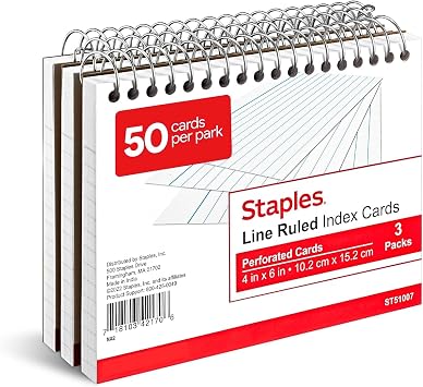 Staples Index Cards, 4" x 6", Lined, White, AcidFree, MicroPerforated, 150 Cards TearOff Ruled Cards for Notes & Projects