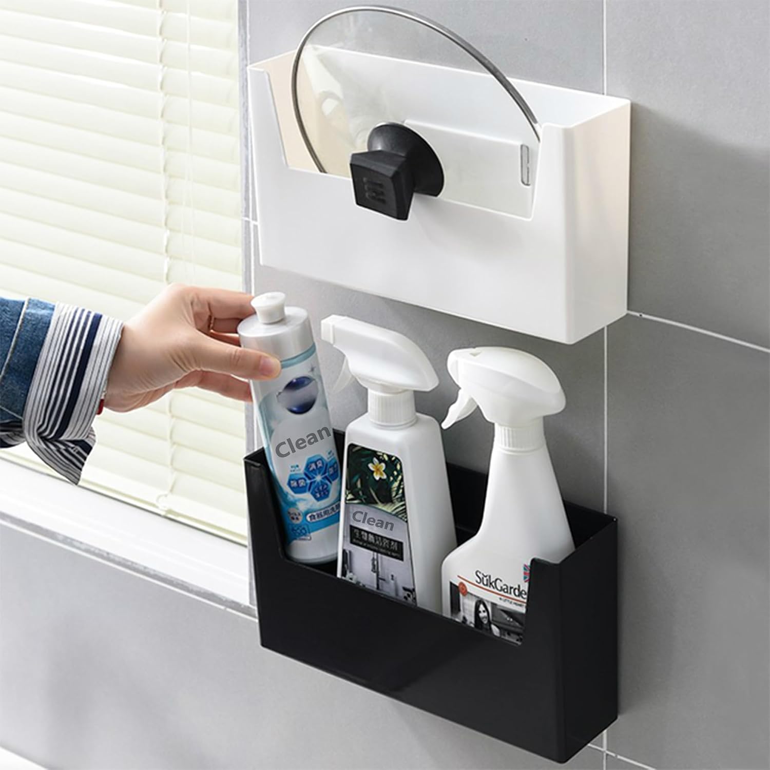 No Drilling Container Lids Holder 2 Pack Adhesive Lids Organizer for Cabinet Door Wall Mounted Under Sink Hanging Storage Basket for Home Kitchen Bathroom, Black