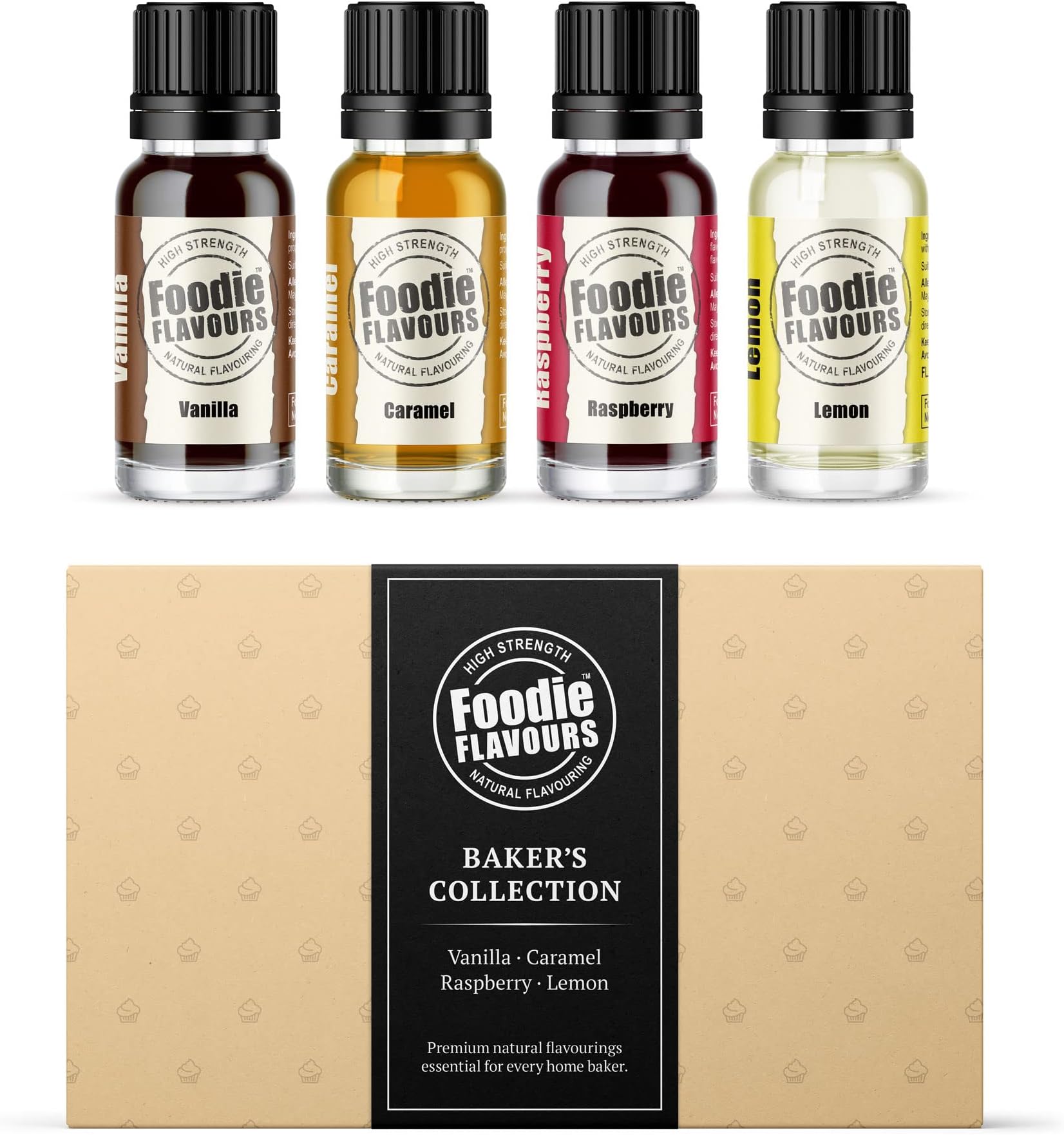 Foodie Flavours Baker's Collection - Gift Set - High Strength Natural Flavourings for Baking - Vanilla, Caramel, Raspberry, Lemon