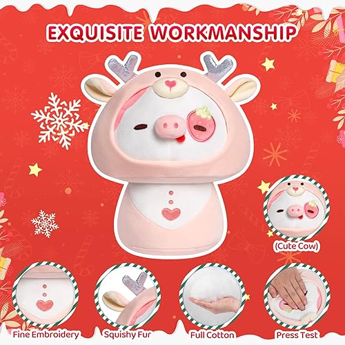 Miniatura 3 de Mewaii Almohada de peluche de hongos de 8 pulgadas, almohada de peluche de vaca y fresa, almohada suave y esponjosa, lindos animales de peluche de