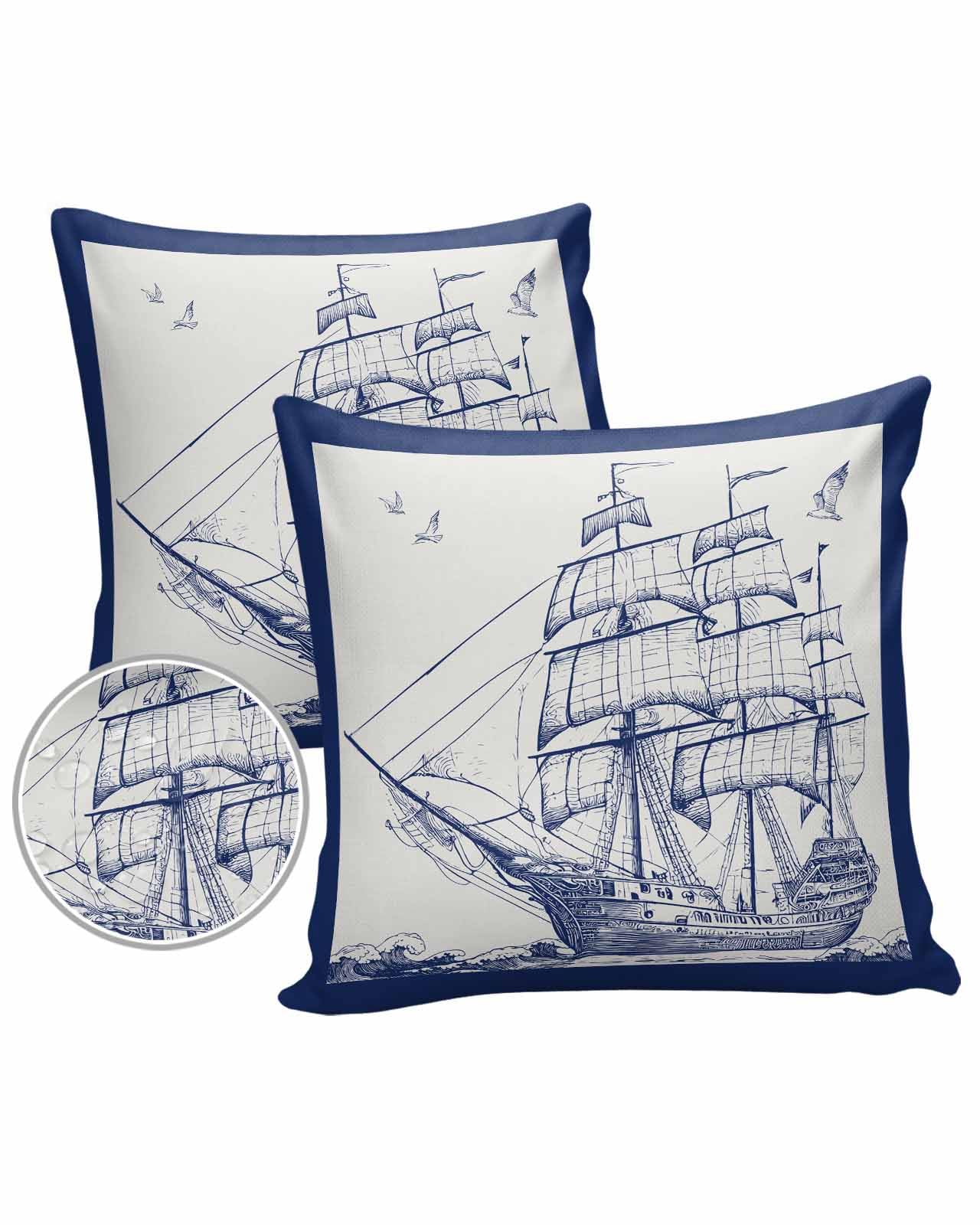 Boanket Outdoor Pillow Covers 16 x 16 in, Navy Blue Nautical Waterproof Throw Pillow Cover Set of 2, Beach Ocean Coastal Seaside Sailboat Home Decorative Square Cushion Covers for Patio/Couch/Garden