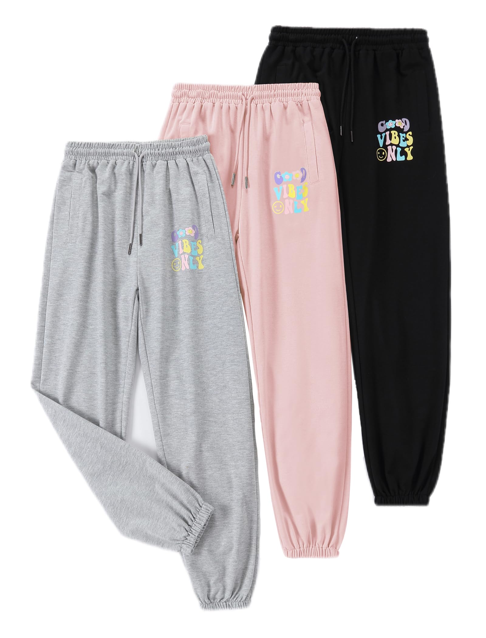 EXARUS 3 Pack Girls Sweatpants Joggers Teen Sweat Pants Wide Leg