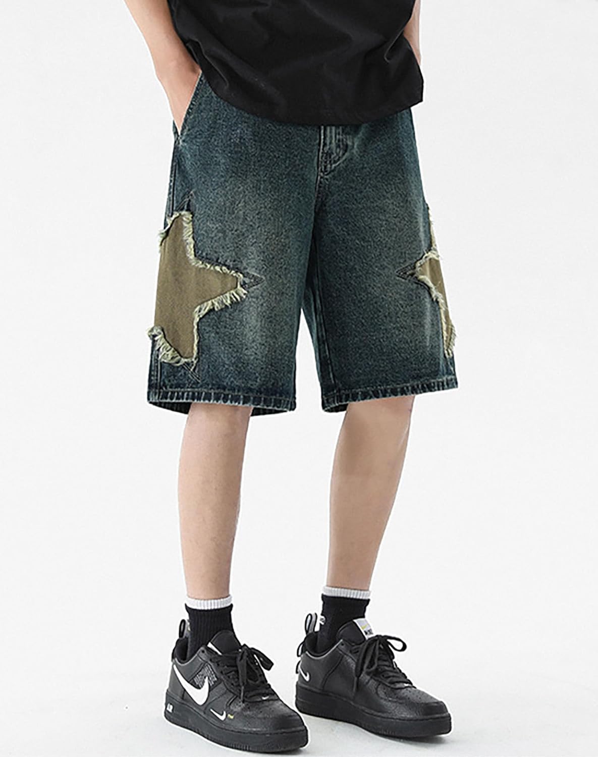 Women's Y2K Star Denim Shorts Elastic Waist Summer Casual Loose Straight Baggy Jeans Shorts Jorts with Pockets - Image 4