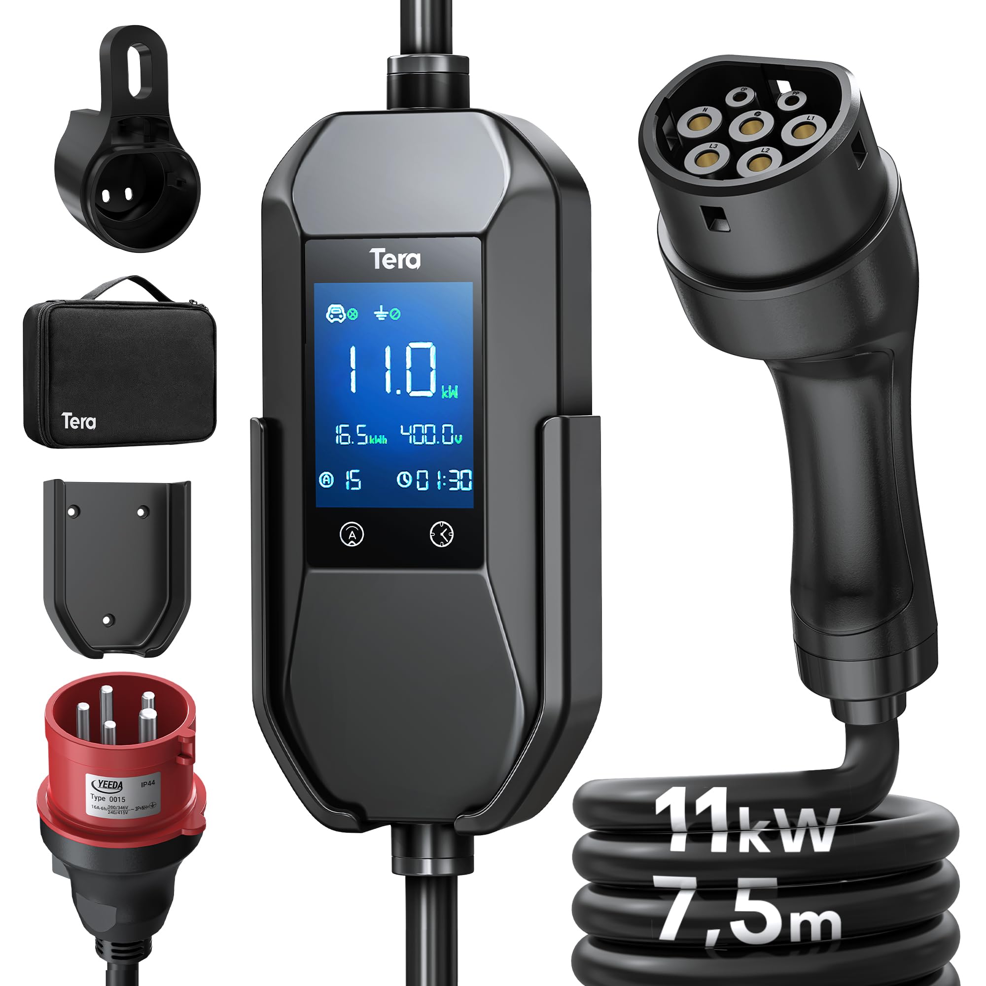 Tera Mobile Wallbox EV Ladegerät Ladestation : 11kW CEE 16A auf Typ 2 IP66 3-Phasig 7.5m 2,8” Steuerbarer Digitalanzeige für Model Y/3, ID.3/4/5, MG4, EX30, e-up, e-tron, Zoe und Andere EV P06