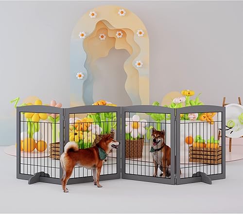 Miniatura 6 de 4NM Puerta plegable de madera para perros de 96 pulgadas extra ancha y 30 pulgadas de alto, puerta de alambre independiente para mascotas, puerta de