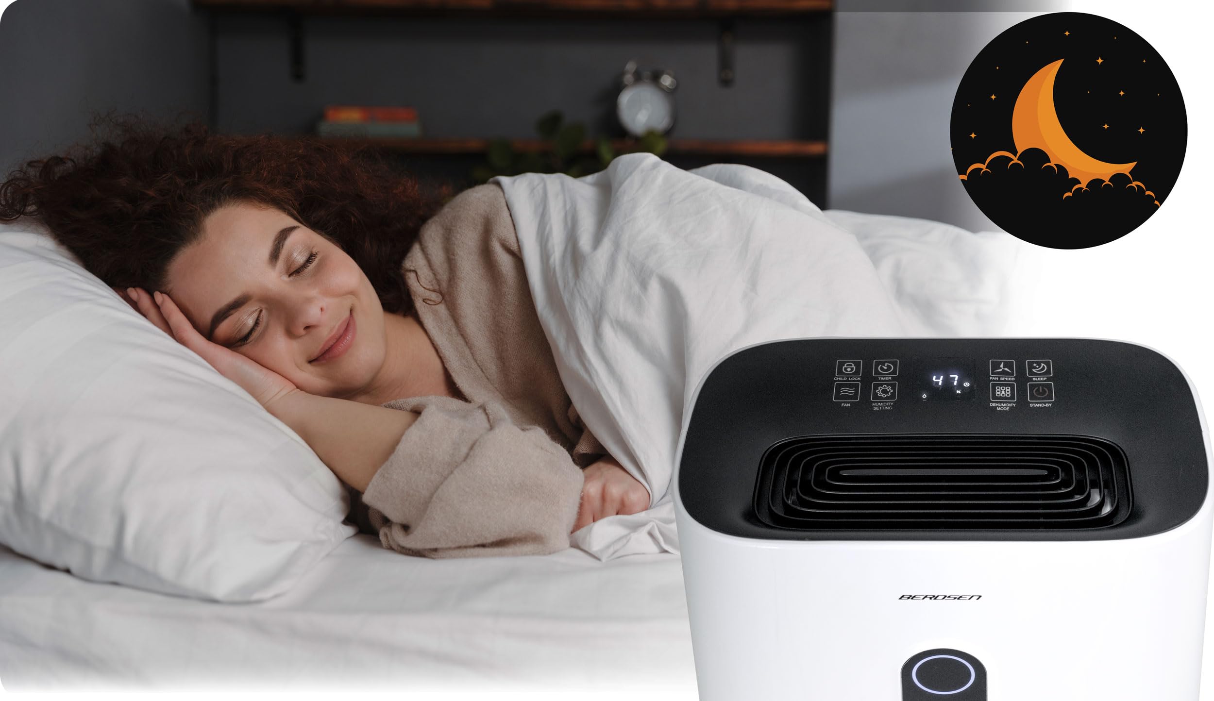 Berdsen BD-523 - Deshumidificador de aire con ventilador y ropa (absorbedor de humedad, con filtro, para habitaciones grandes de hasta 60 m³, para sala de estar y bodega, 20 l al día