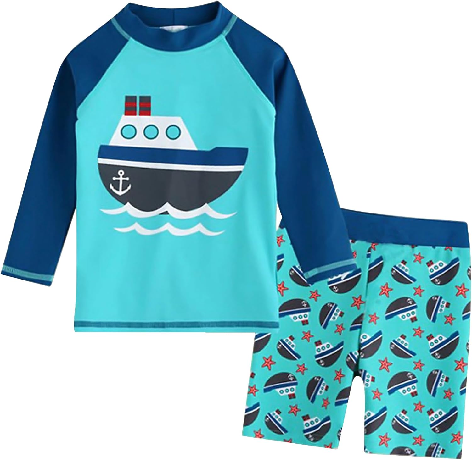 AIWUHE Toddler Swimsuit Set Boys Two Piece Rash Guard Boys' Swim Suit Quick Dry Long Sleeve Swim Shirts with Trunks Bathing Suit Swimwear Sets Blue Sailboat L 3-4T
