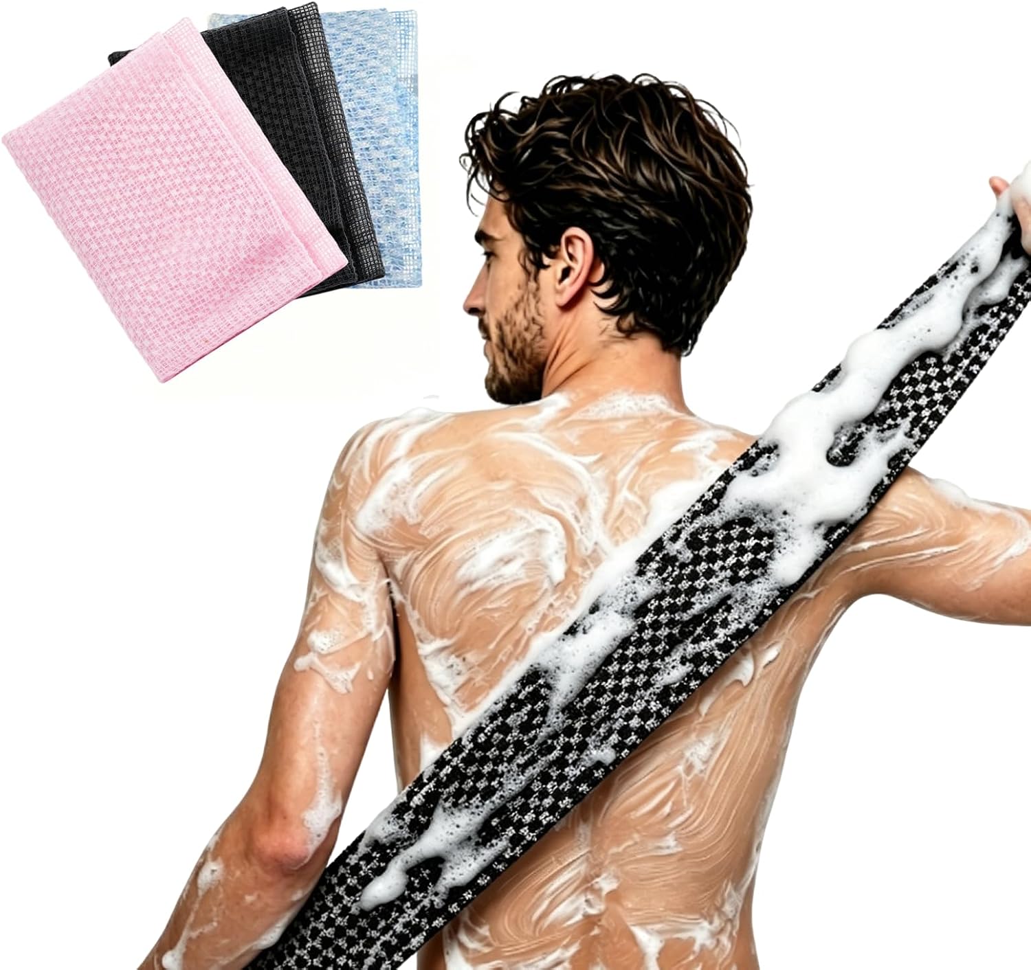 45-Inch Exfoliating Shower Towel,Long Back Wash Cloths for Showering,Nylon Back Scrubber Towel for Women&Men,Exfoliator Alternative to Bath Loofah Net Sponge-Black1