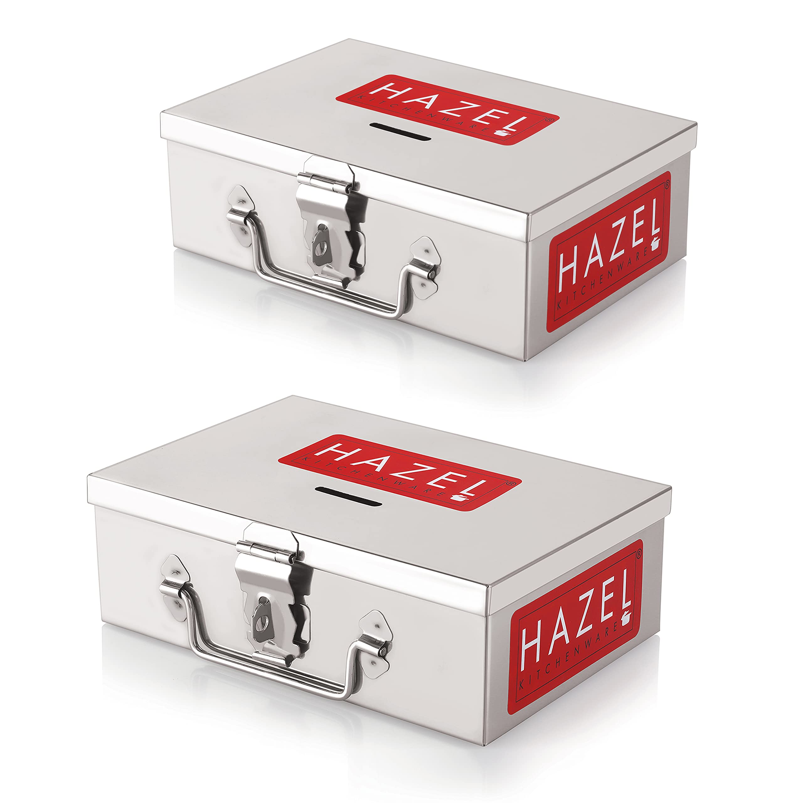 HAZEL Stainless Steel Cash Box for Shop Counter Drawer | Medium & Large Locking Metal Box for Cash with 4 Compartments for Adults, Set of 2