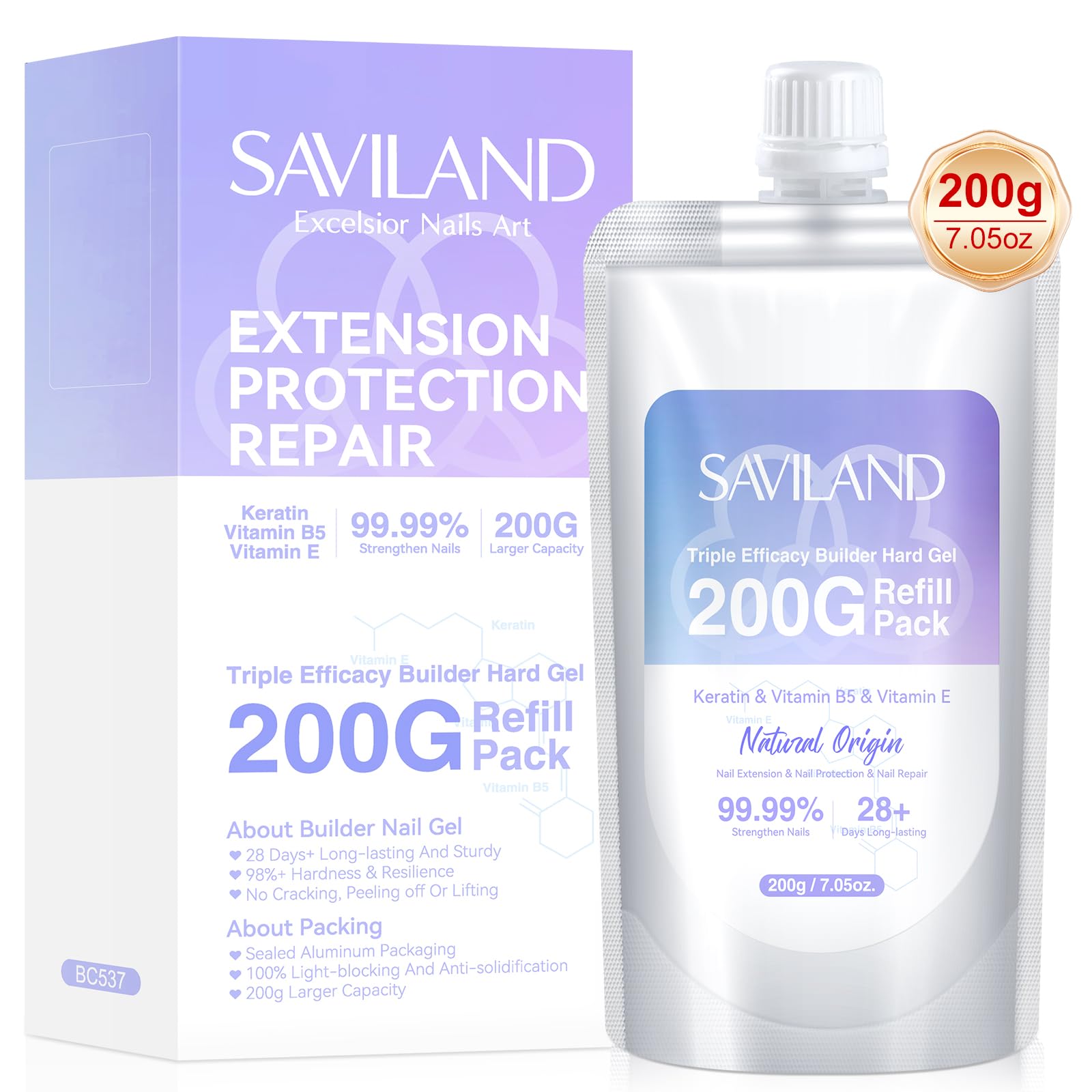 SAVILAND Clear Builder Nail Gel - 200 G Refill Pack Triple Efficacy (VE&VB5&Kerain) Hard Gel with Sealed Aluminum Packaging Extension Gel for Starter Professional DIY at Home Salon