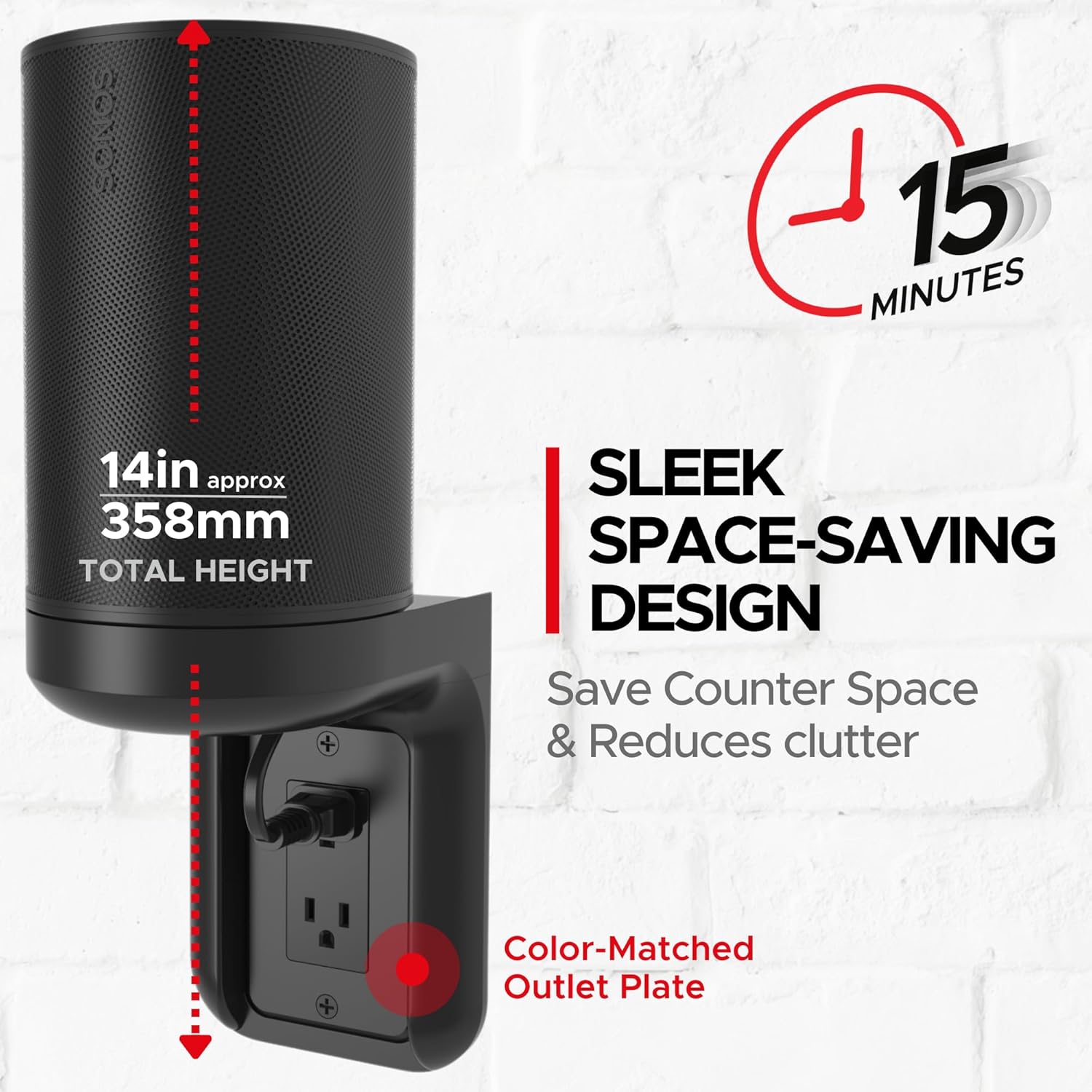 Sound Bass ERA100 Shelf Wall Outlet AC, Black, Compatible with Sonos ERA 100 & ERA 100 SL, Plug Mount Organizer, Bathroom, Kitchen, Bedrooms, Cord Management, Easy Installation, Mounting Kit Included